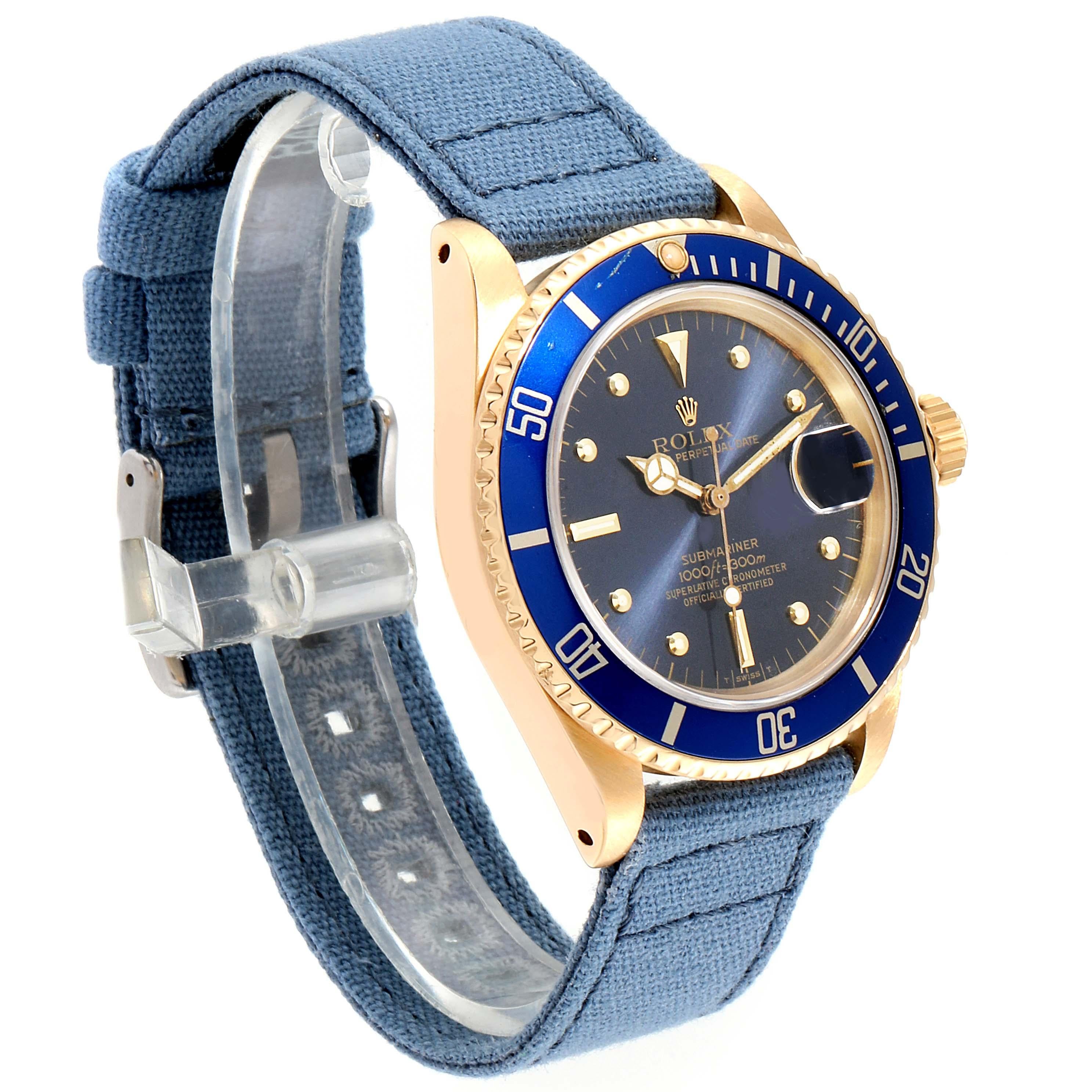 Rolex Submariner 18 Karat Yellow Gold Blue Dial Men's Watch 16808 For Sale 1