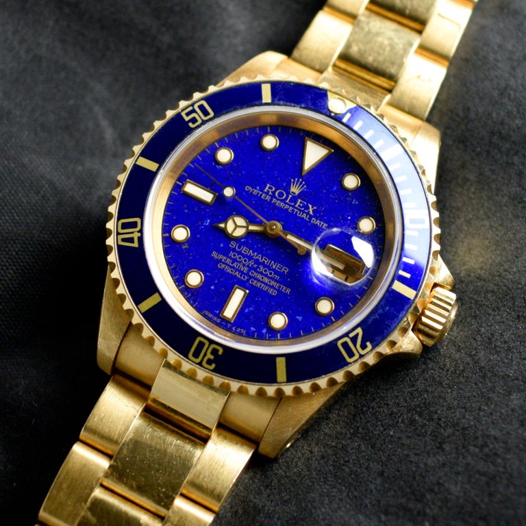 Rolex Submariner 18k Yellow Gold Blue Lapis Dial 16618 Automatic Watch ...