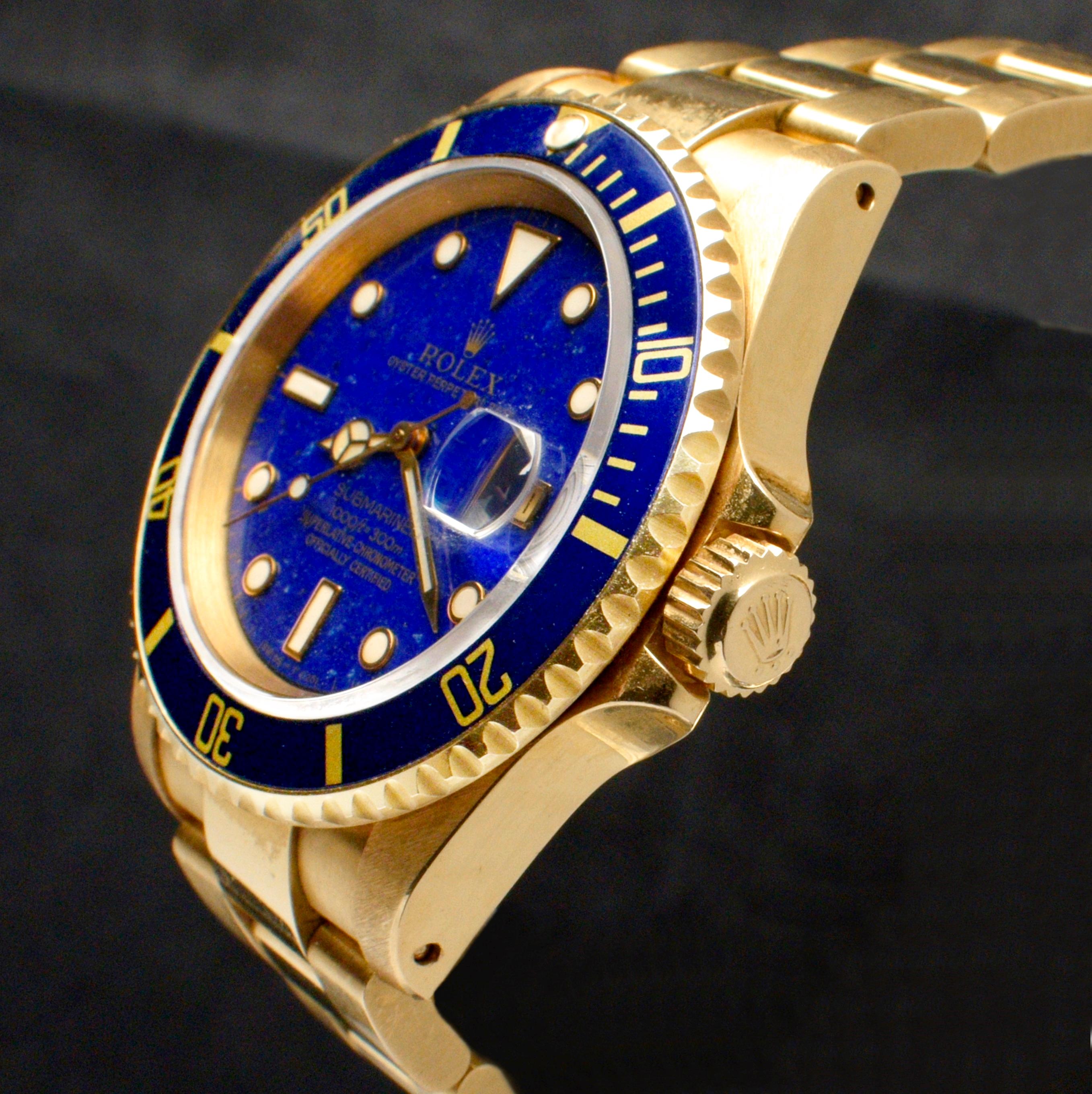 Rolex Submariner 18K Gelbgold Blaues Lapislazuli-Zifferblatt 16618 Automatikuhr, 1990 im Zustand „Gut“ im Angebot in Central & Western District, HK