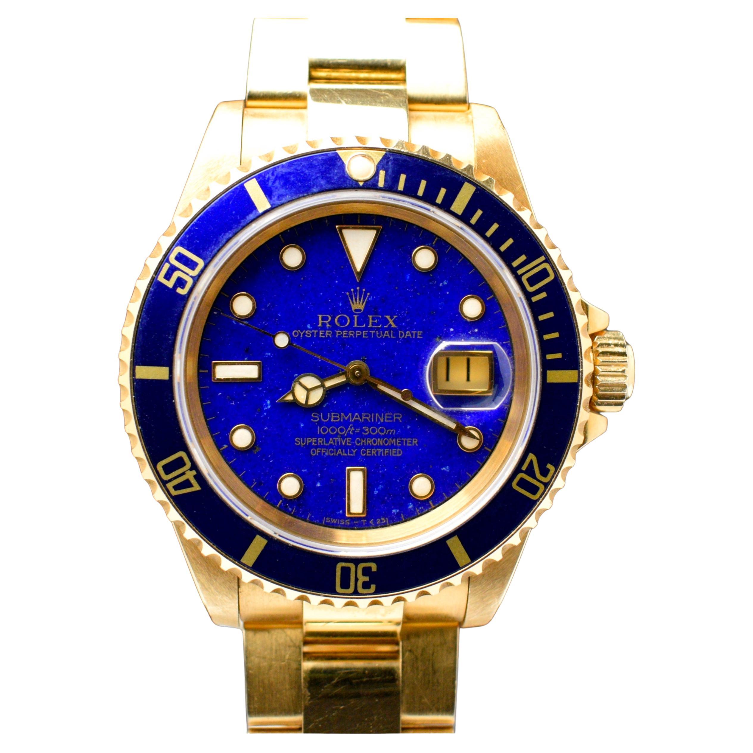 Rolex Submariner 18k Yellow Gold Blue Lapis Dial 16618 Automatic Watch, 1990 For Sale