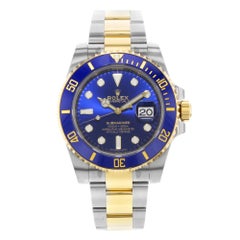 Used Rolex Submariner 18K Yellow Gold Blue on Blue Steel Automatic Men Watch 116613LB