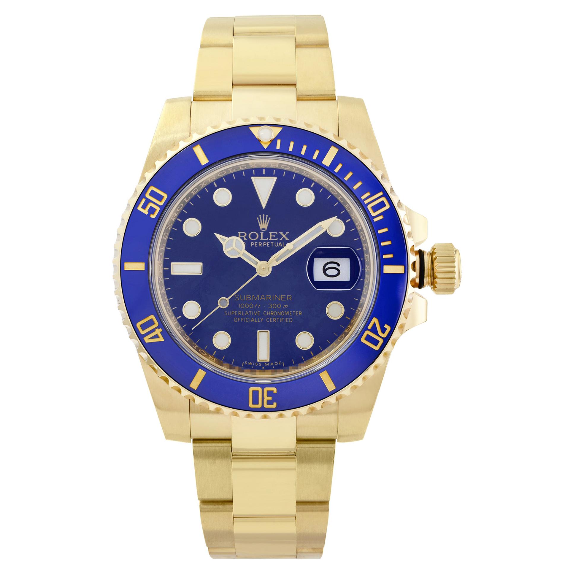 Rolex Submariner 18K Yellow Gold Ceramic Blue Dial Automatic Mens Watch 116618LB