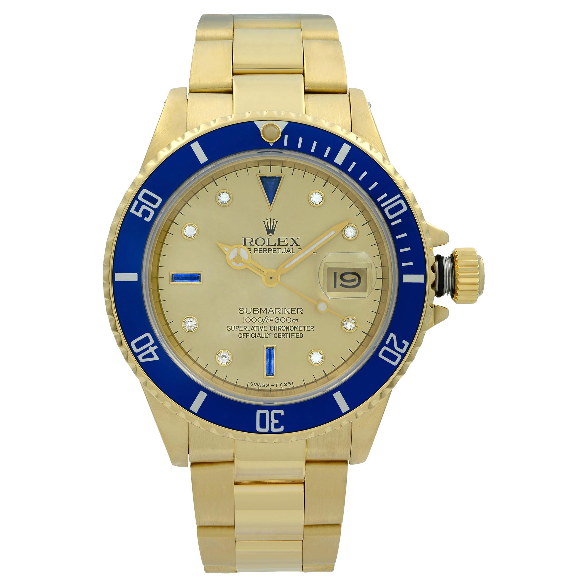 Rolex Submariner 18K Yellow Gold Serti Dial Diamond Sapphire Men's Watch 16808