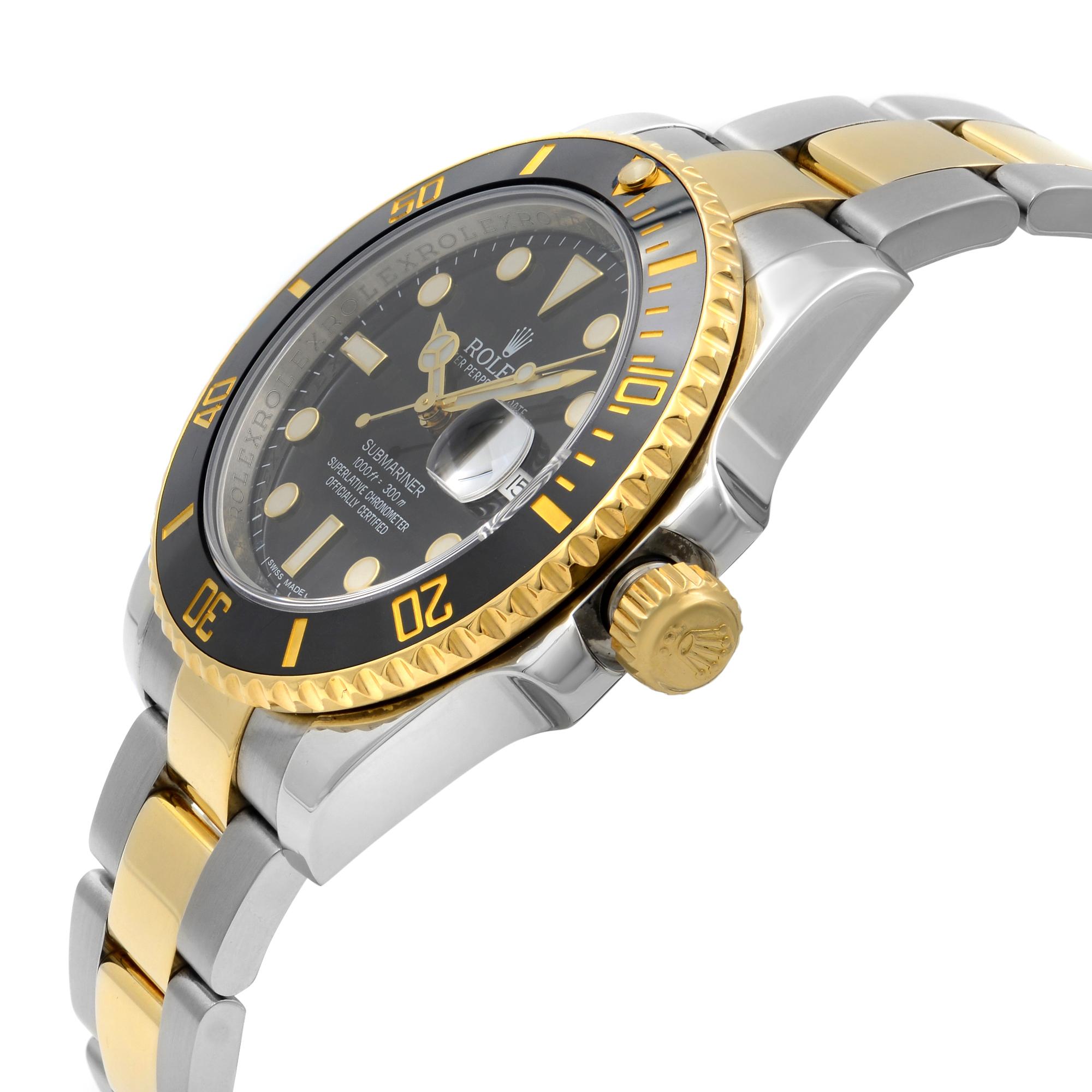 Rolex Submariner 18k Yellow Gold Steel Black Dial Automatic Men Watch 116613 Excellent état - En vente à New York, NY