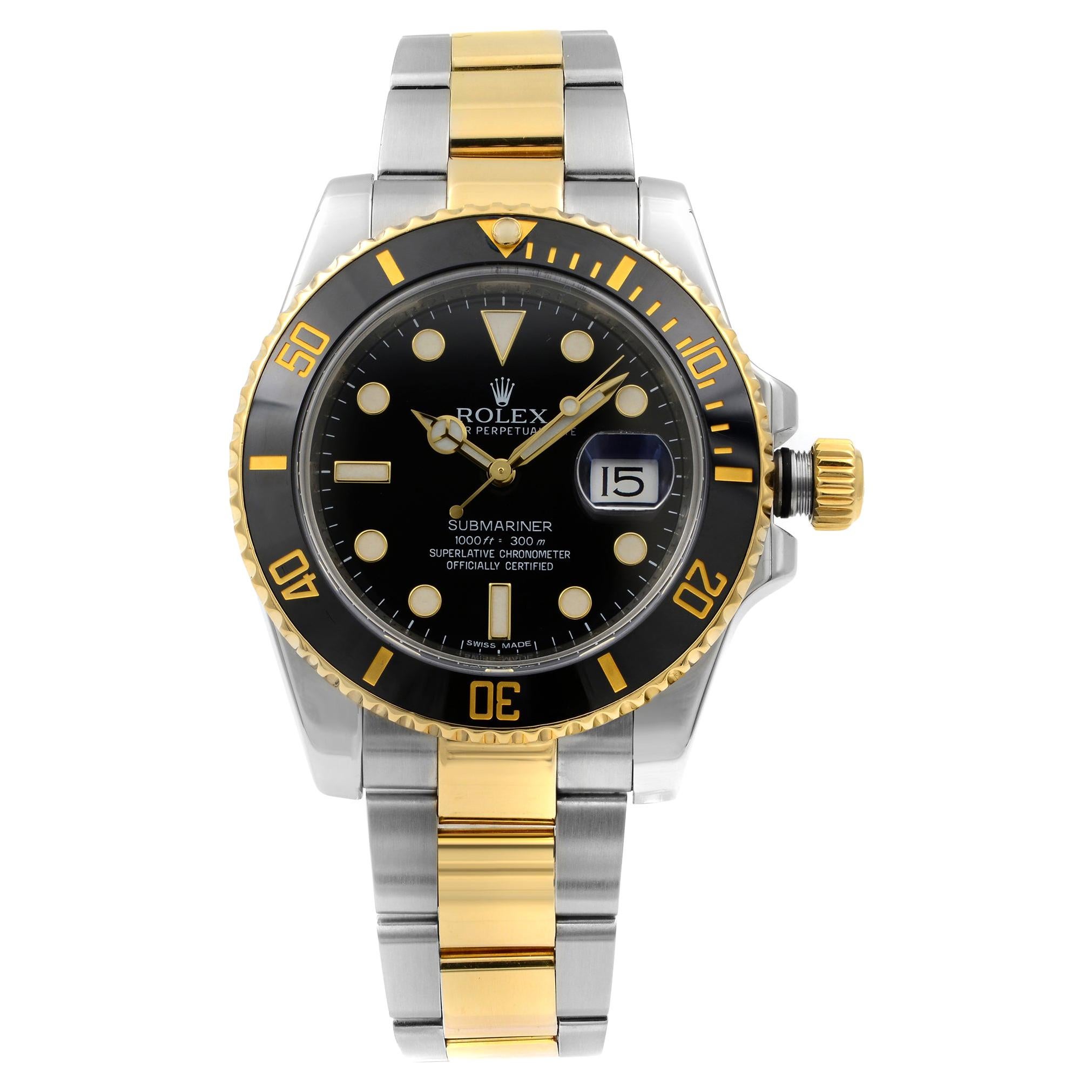 Rolex Submariner 18k Yellow Gold Steel Black Dial Automatic Men Watch 116613