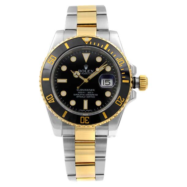 Rolex Submariner 18k Yellow Gold Steel Black Dial Automatic Men Watch ...