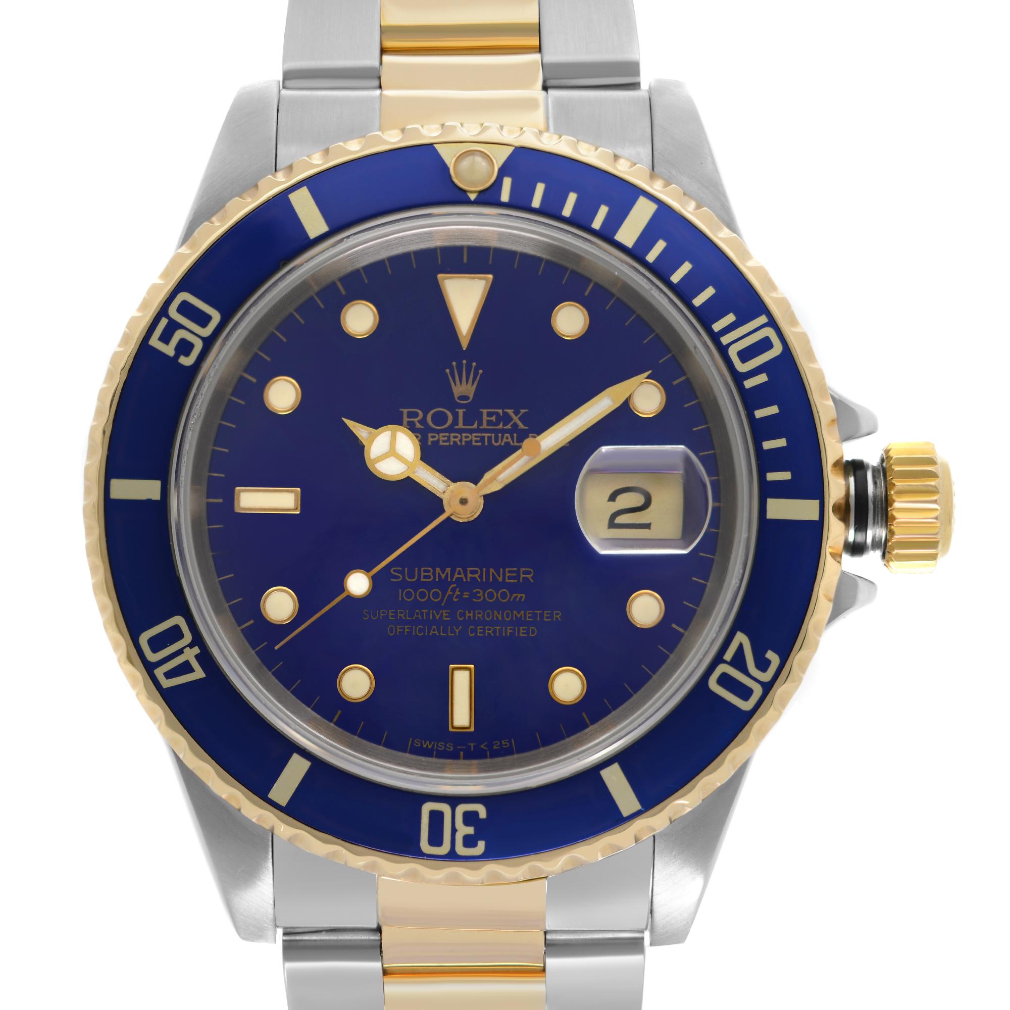 Pre-owned Rolex Submariner 18K Yellow Gold Steel Holes Case Blue Dial Automatic Men's Watch. This Beautiful Timepiece Was Produced in 1990. The Bezel of This Watch Has a Few Minor Hairline Scratches. Swiss Tritium Dial. No Original Box and Papers