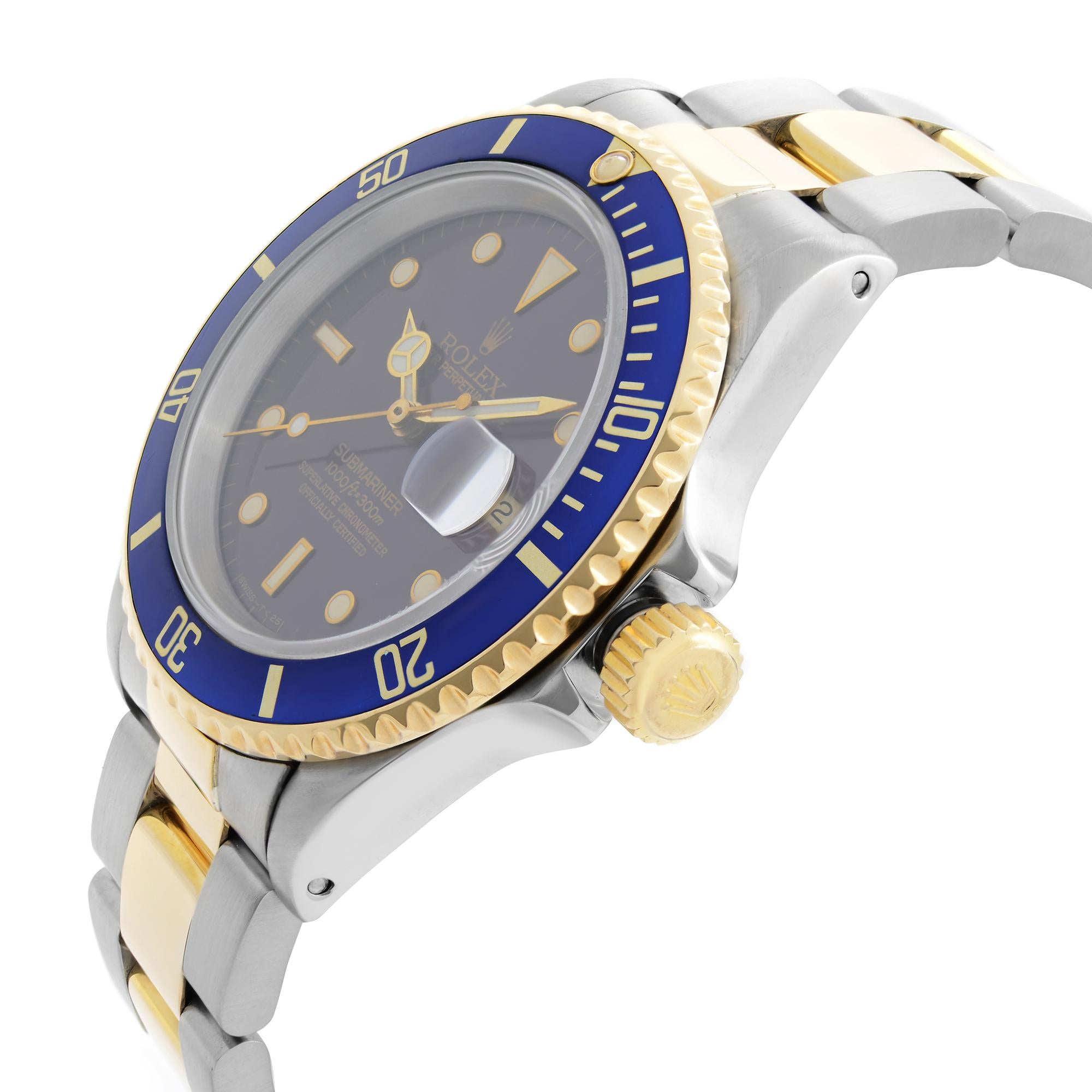 Men's Rolex Submariner 18k Yellow Gold Steel Blue Dial Automatic Mens Watch 16613