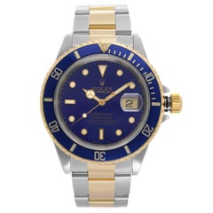 Rolex Submariner 18k Yellow Gold Steel Blue Dial Automatic Mens Watch 16613