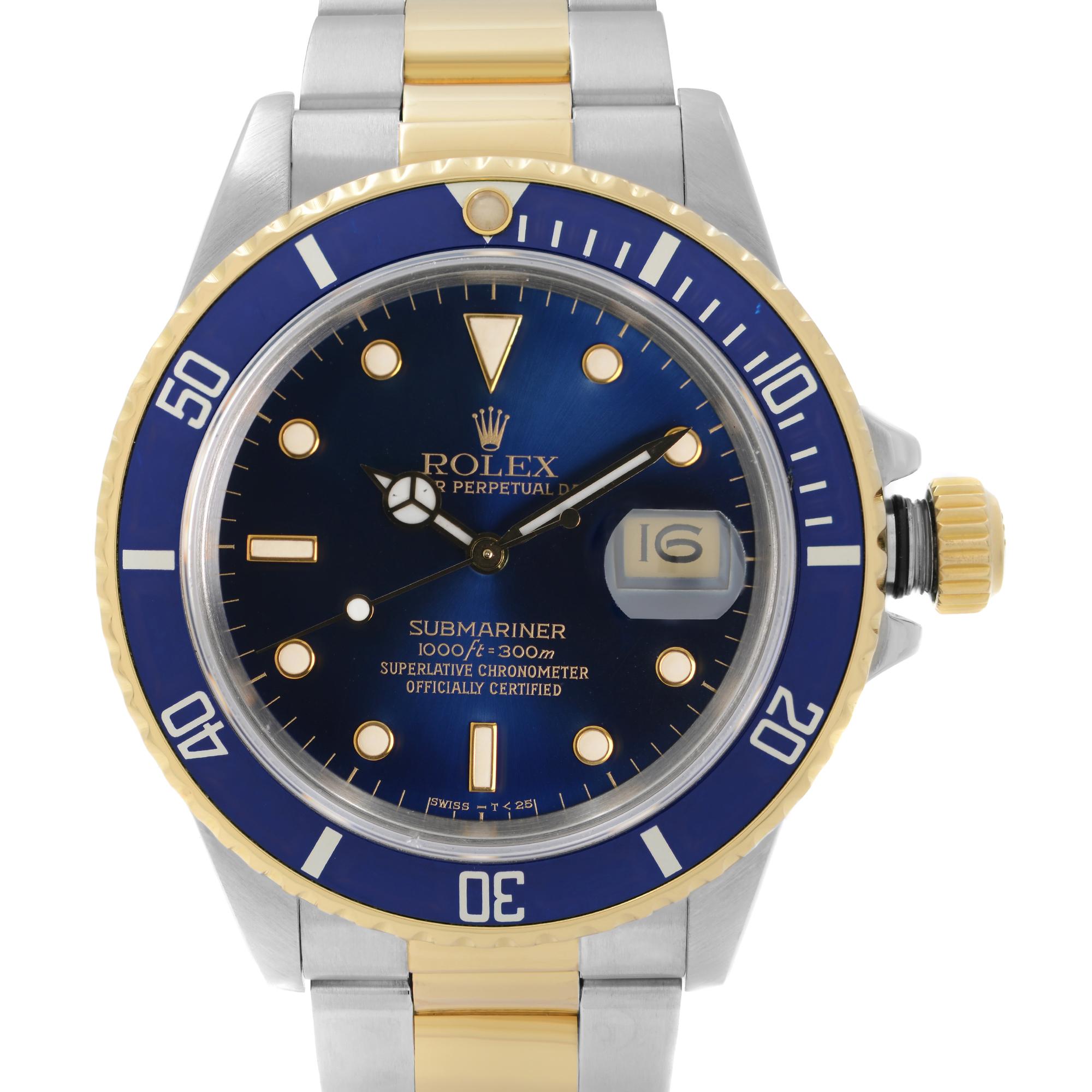 Pre Owned Rolex Submariner 18k Yellow Gold Steel Blue Dial Automatic Men's Watch 16803. This Beautiful Timepiece was Produced in 1988 & is Powered by Mechanical (Automatic) Movement And Features: Round Stainless Steel Case With a Stainless Steel &