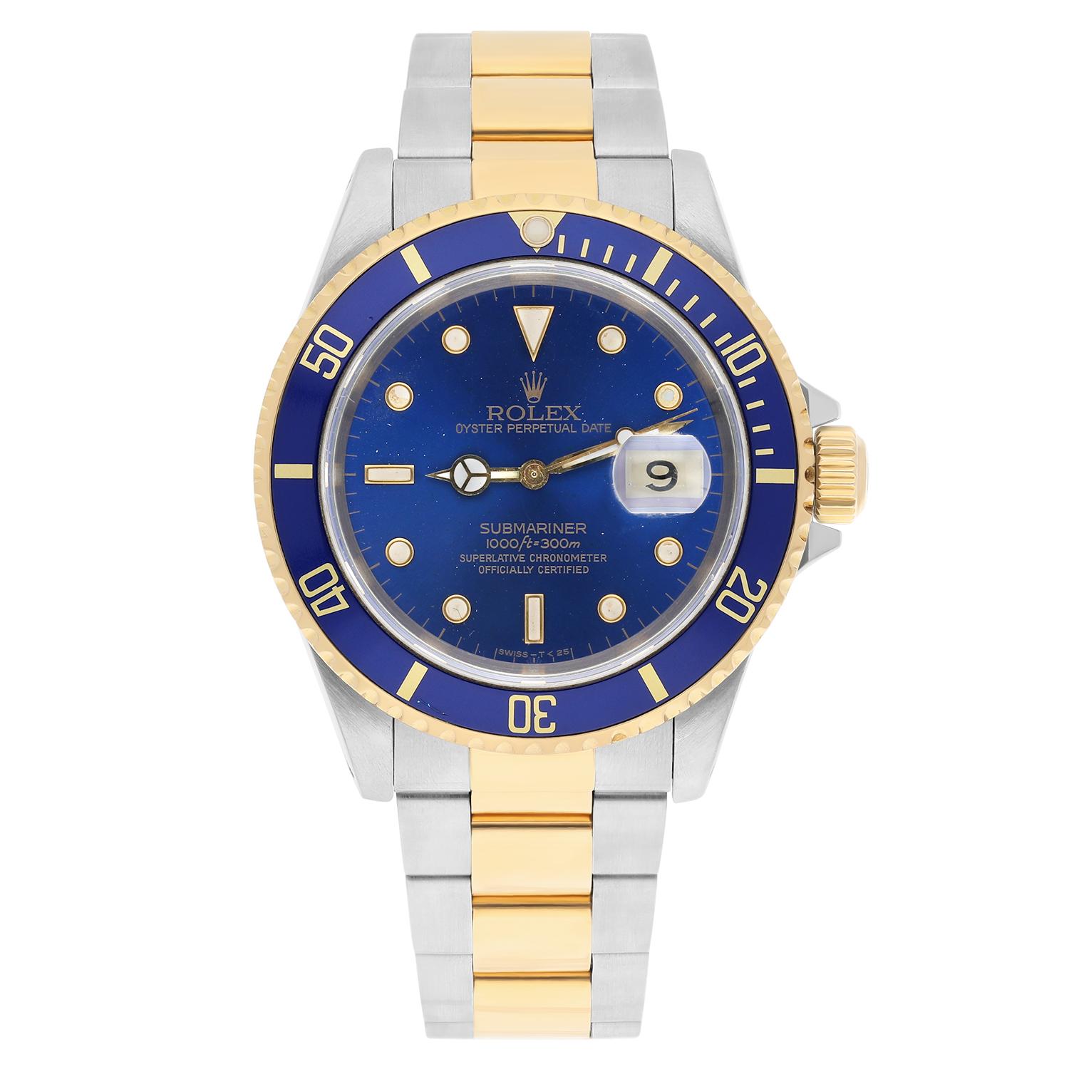 We are seeing fewer and fewer of these classic 16613 gold & steel Submariner models. This watch is from 1990, in good condition, polished and serviced. Dial has some patina and white dots, bezel has scuffs (see pictures).  Sales comes with a jewelry