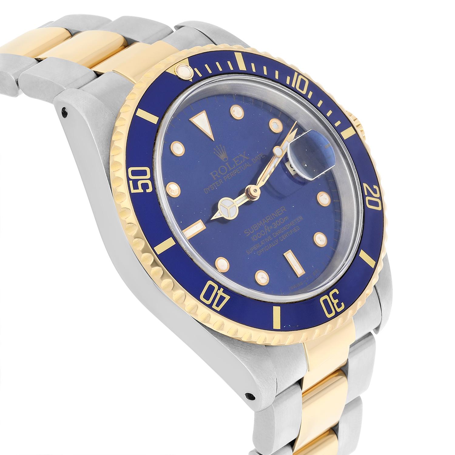 Modern Rolex Submariner 18k Yellow Gold/Steel Blue Dial Mens Watch 16613 Circa 1990
