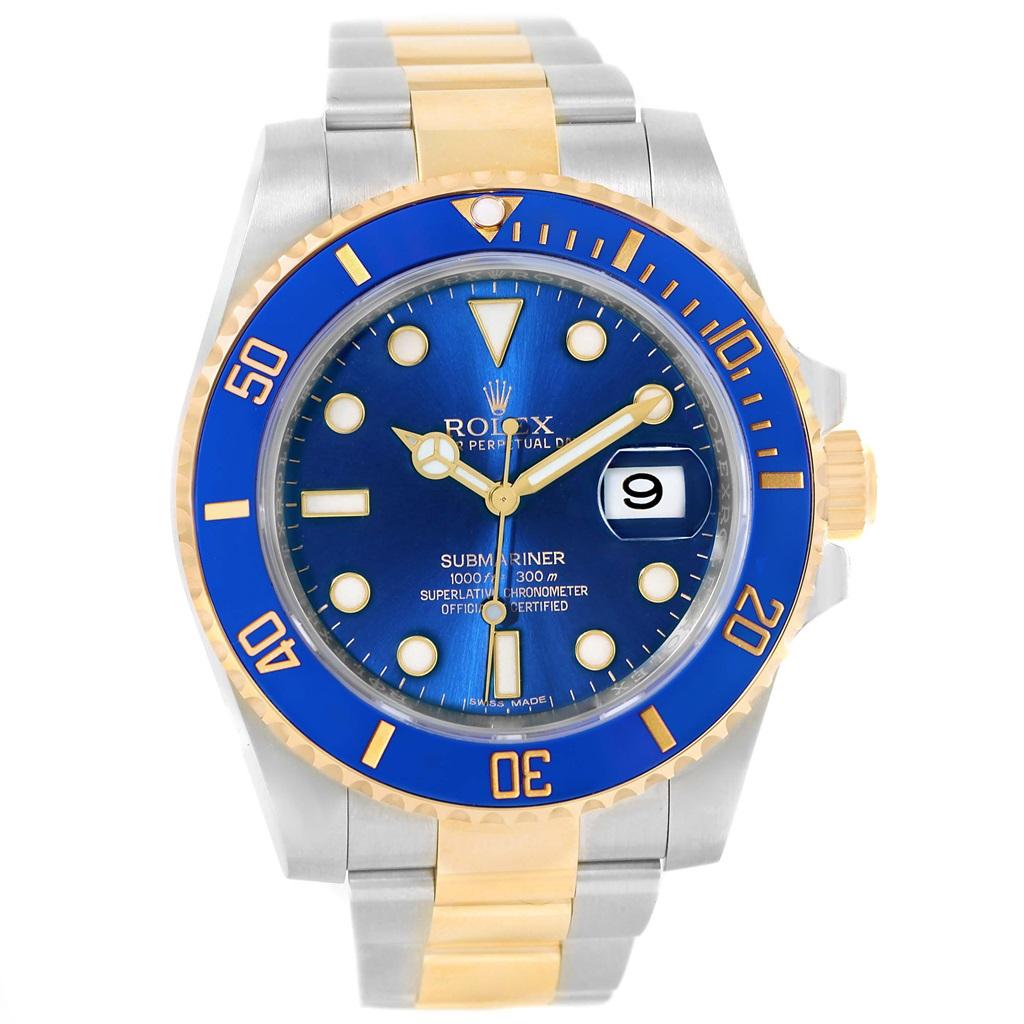 Rolex Submariner 40 Blue Dial Steel Yellow Gold Automatic Watch 116613. Officially certified chronometer automatic self-winding movement. Stainless steel and 18k yellow gold case 40.0 mm in diameter. Rolex logo on a crown. Ceramic blue Ion-plated