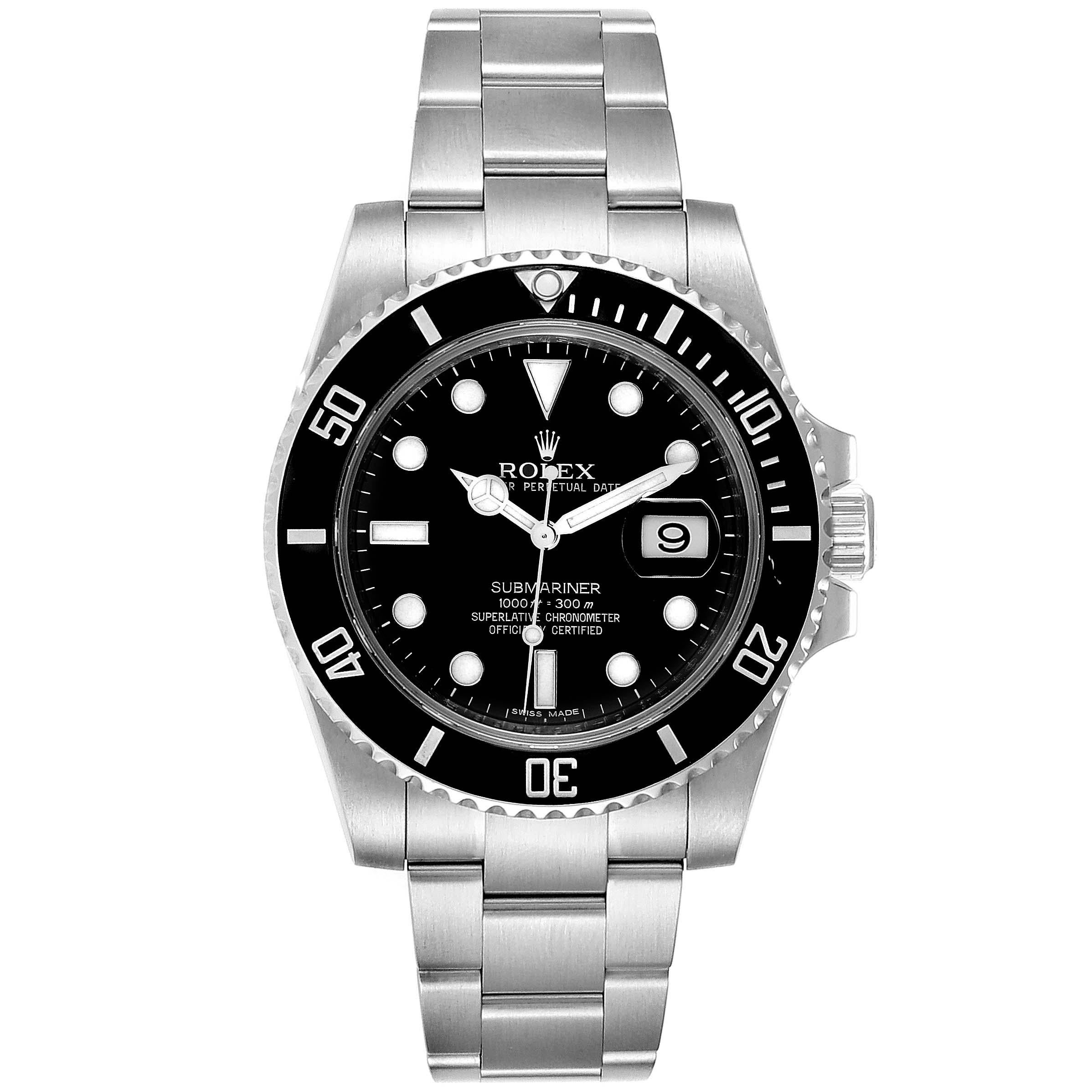 Rolex Submariner 40 Cerachrom Bezel Black Dial Watch 116610 Box Card. Officially certified chronometer self-winding movement. Stainless steel case 40 mm in diameter. Rolex logo on a crown. Unidirectional rotating black ceramic bezel with 60 minutes