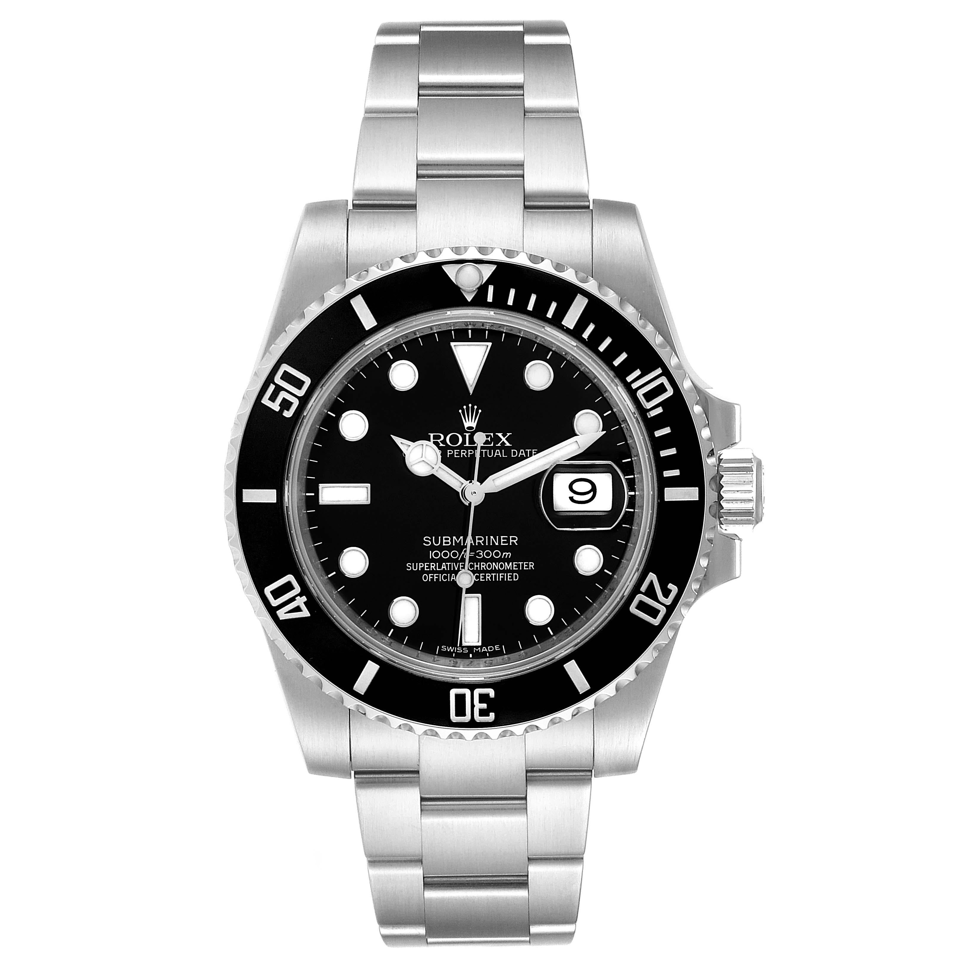 Rolex Submariner 40 Cerachrom Bezel Black Dial Watch 116610 Box Card. Officially certified chronometer self-winding movement. Stainless steel case 40 mm in diameter. Rolex logo on a crown. Unidirectional rotating black ceramic bezel with 60 minutes
