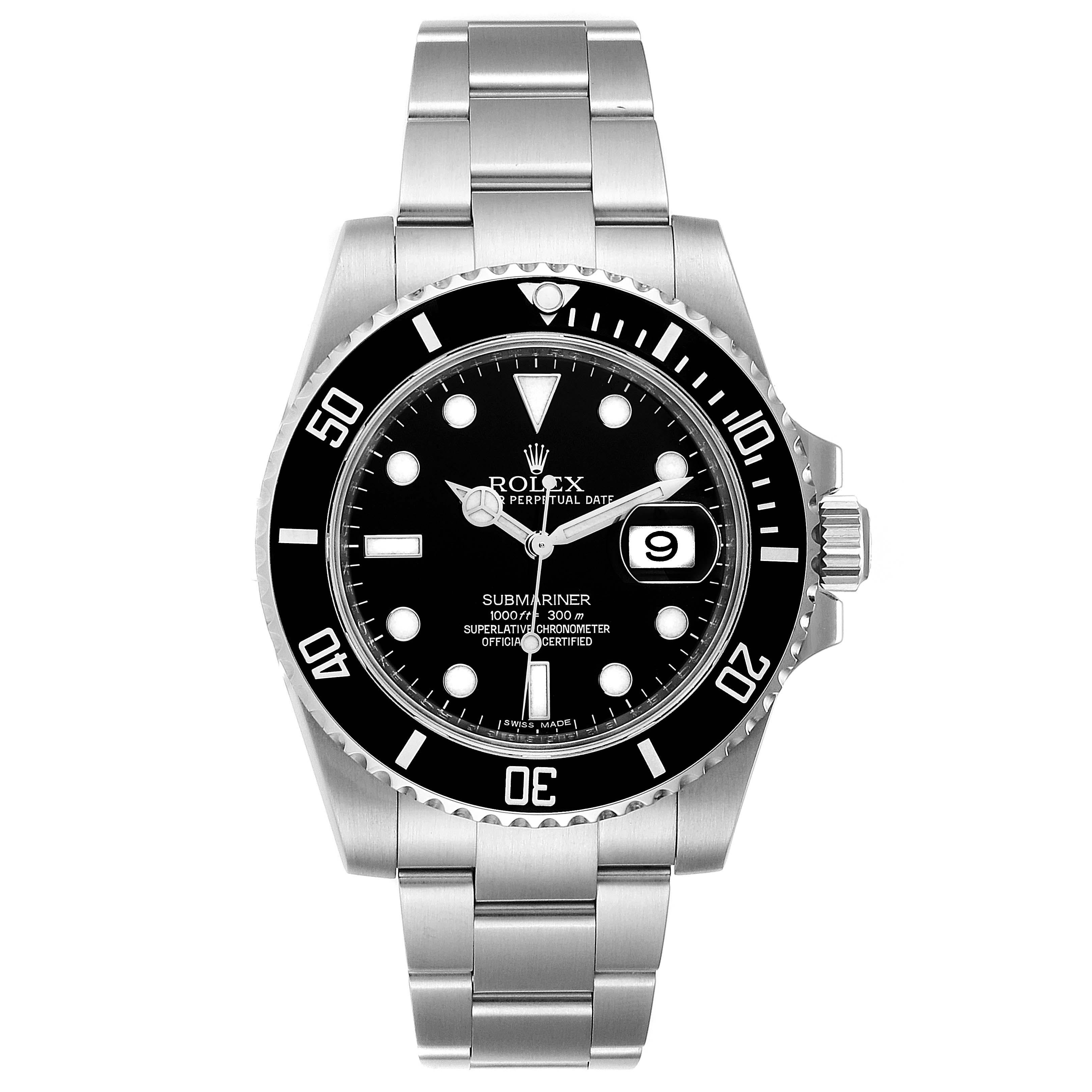 Rolex Submariner 40 Cerachrom Bezel Black Dial Watch 116610 Box Card. Officially certified chronometer self-winding movement. Stainless steel case 40 mm in diameter. Rolex logo on a crown. Unidirectional rotating black ceramic bezel with 60 minutes
