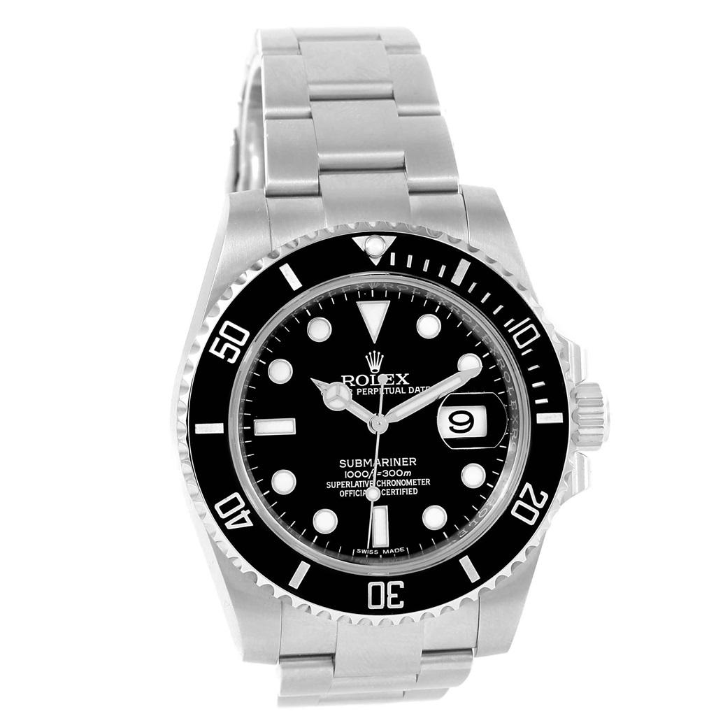 Rolex Submariner 40 Cerachrom Bezel Black Dial Watch 116610 Box. Officially certified chronometer self-winding movement. Stainless steel case 40 mm in diameter. Rolex logo on a crown. Unidirectional rotating black ceramic bezel with 60 minutes