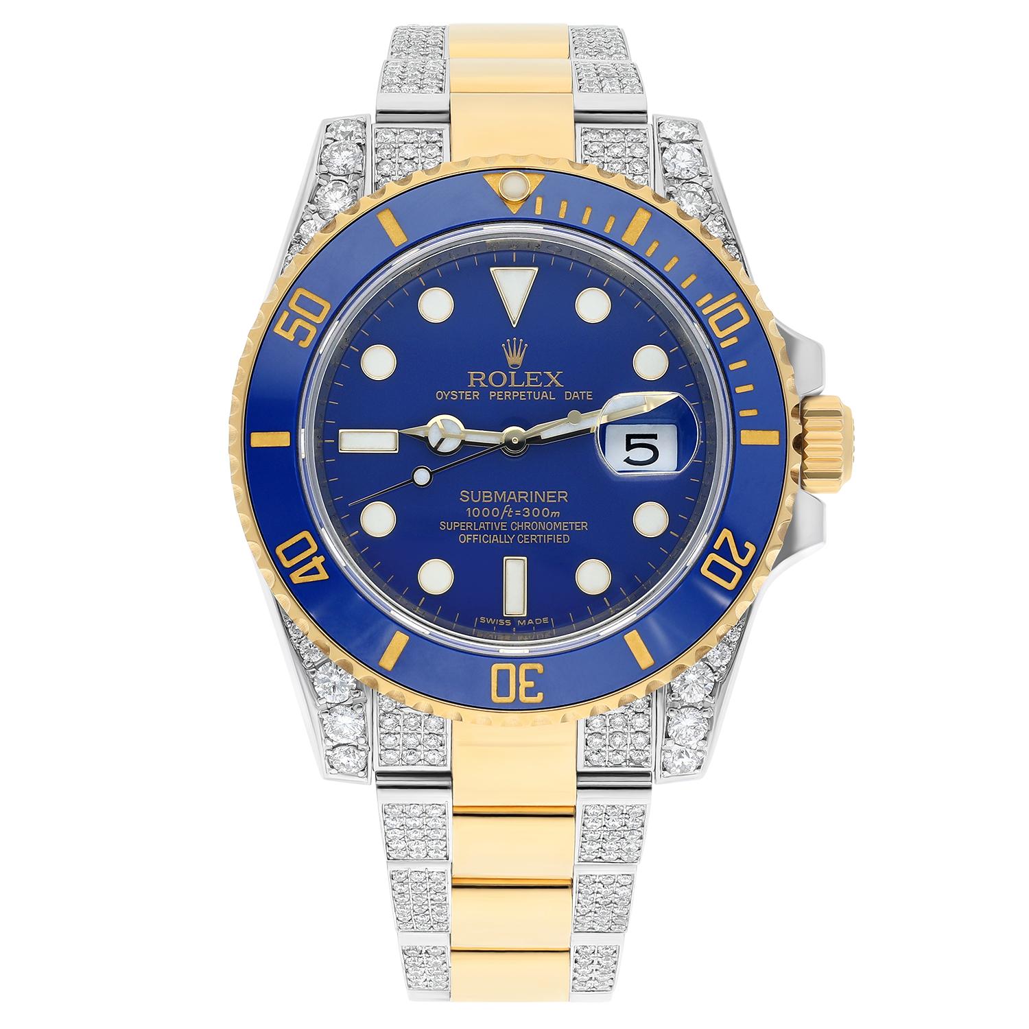 Brand: Rolex
Series: Submariner 
Model: 116613
Case Diameter: 40 mm
Bracelet: Oyster band; 18k yellow gold & stainless steel with custom diamonds set
Bezel: Blue Ceramic
Dial: Blue dial
The sale includes a Rolex watch box and an appraisal