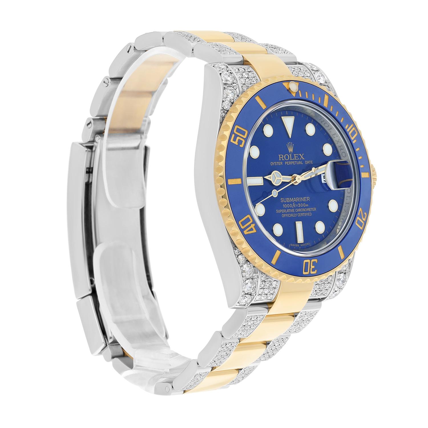 Modern Rolex Submariner 40 mm Blue Dial Two Tone Diamond Men's Watch 116613LB For Sale