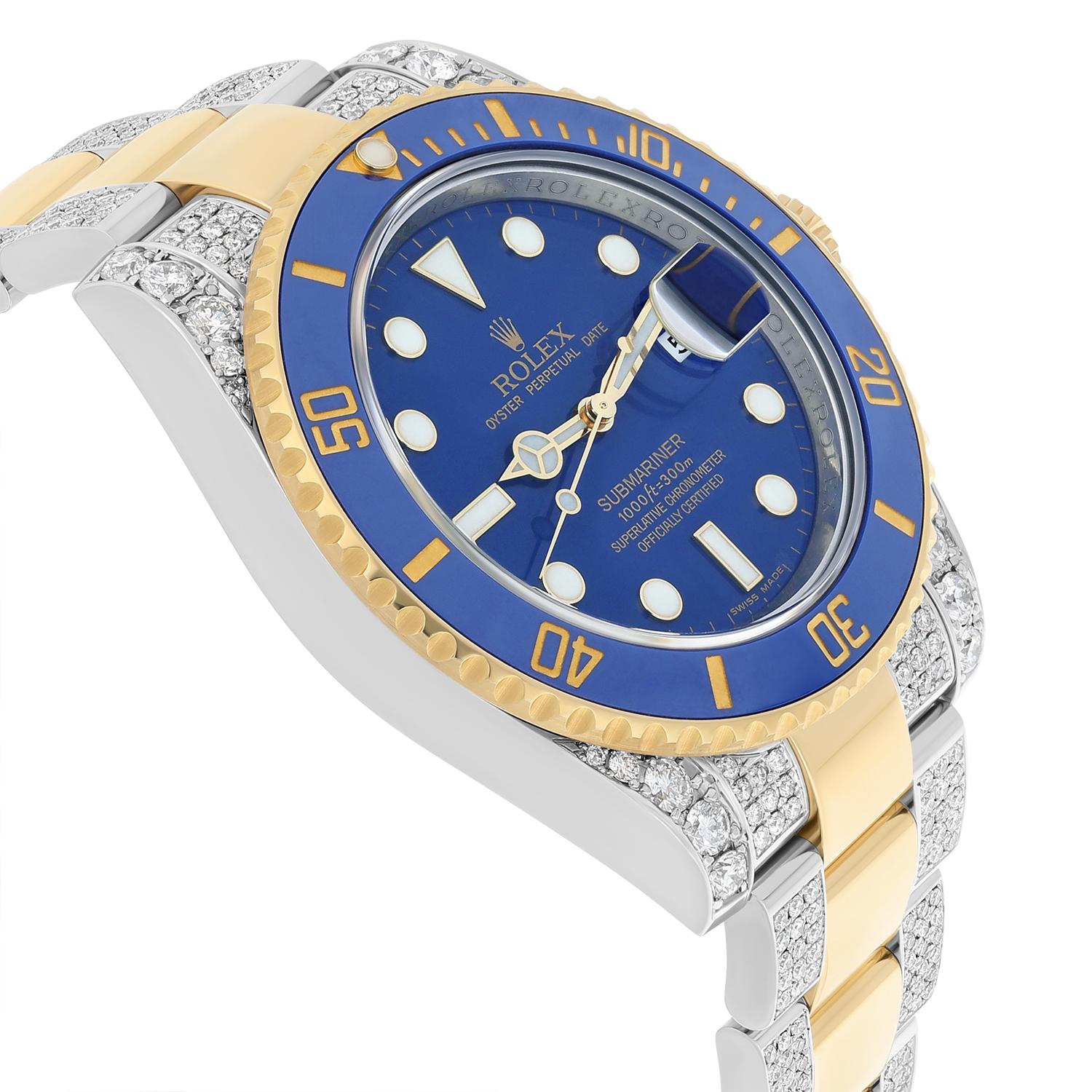 Rolex Submariner 40 mm Blue Dial Two Tone Diamond Men's Watch 116613LB In Excellent Condition For Sale In New York, NY