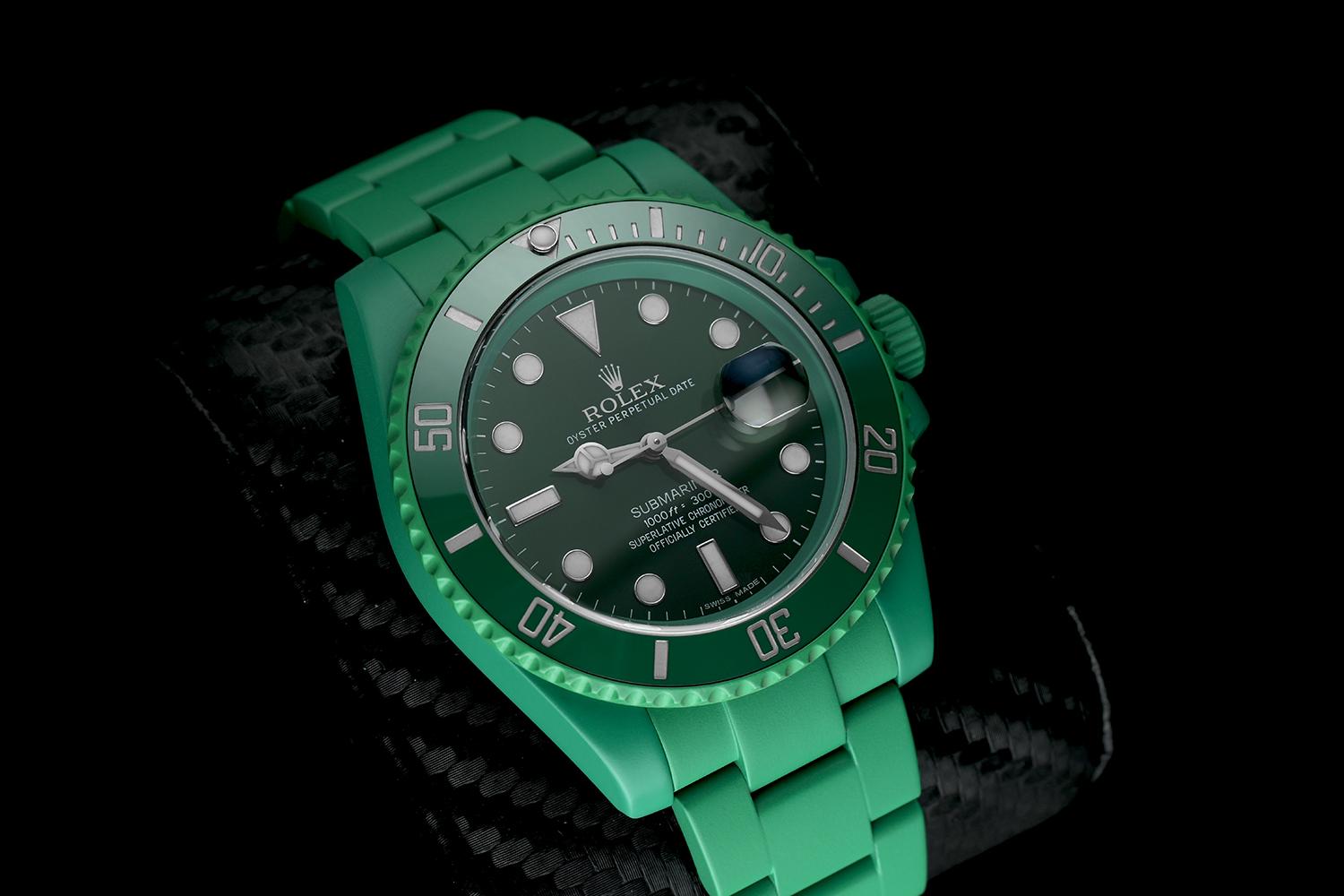 Green ceramic coating has been applied aftermarket. Very unique watch 1 out of 1. Sale comes with Rolex box, papers, appraisal certificate validating authenticity of the watch, 2 year mechanical warranty, a lifetime warranty on coating (regular