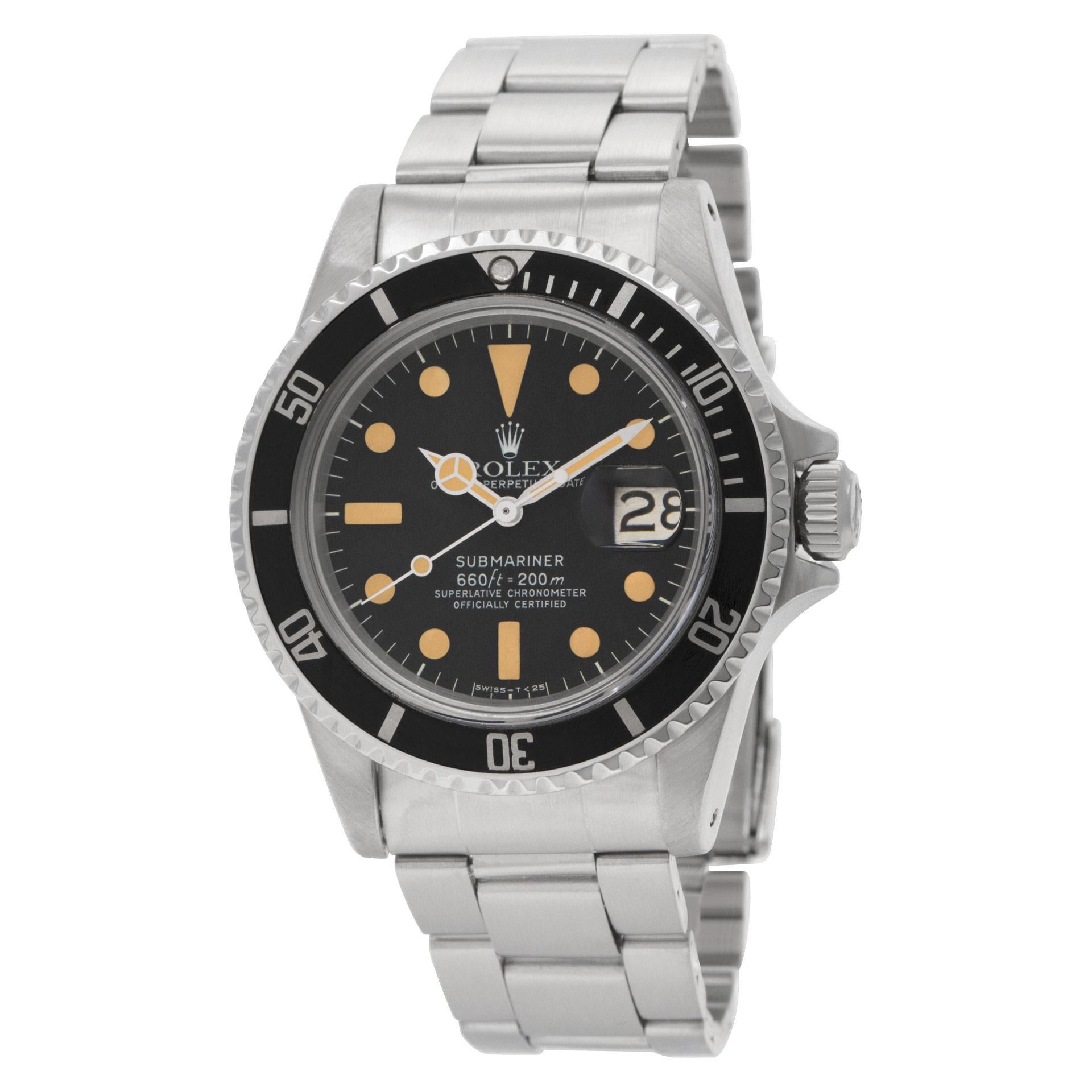 Vintage Rolex Submariner in stainless steel. Reference 1680. Produced in 1978. The luminous hour markers and hands have aged to a rich cinnamon color. Oyster crimp style bracelet with flip lock clasp. Automatic w/ sweep seconds and date. 40mm case