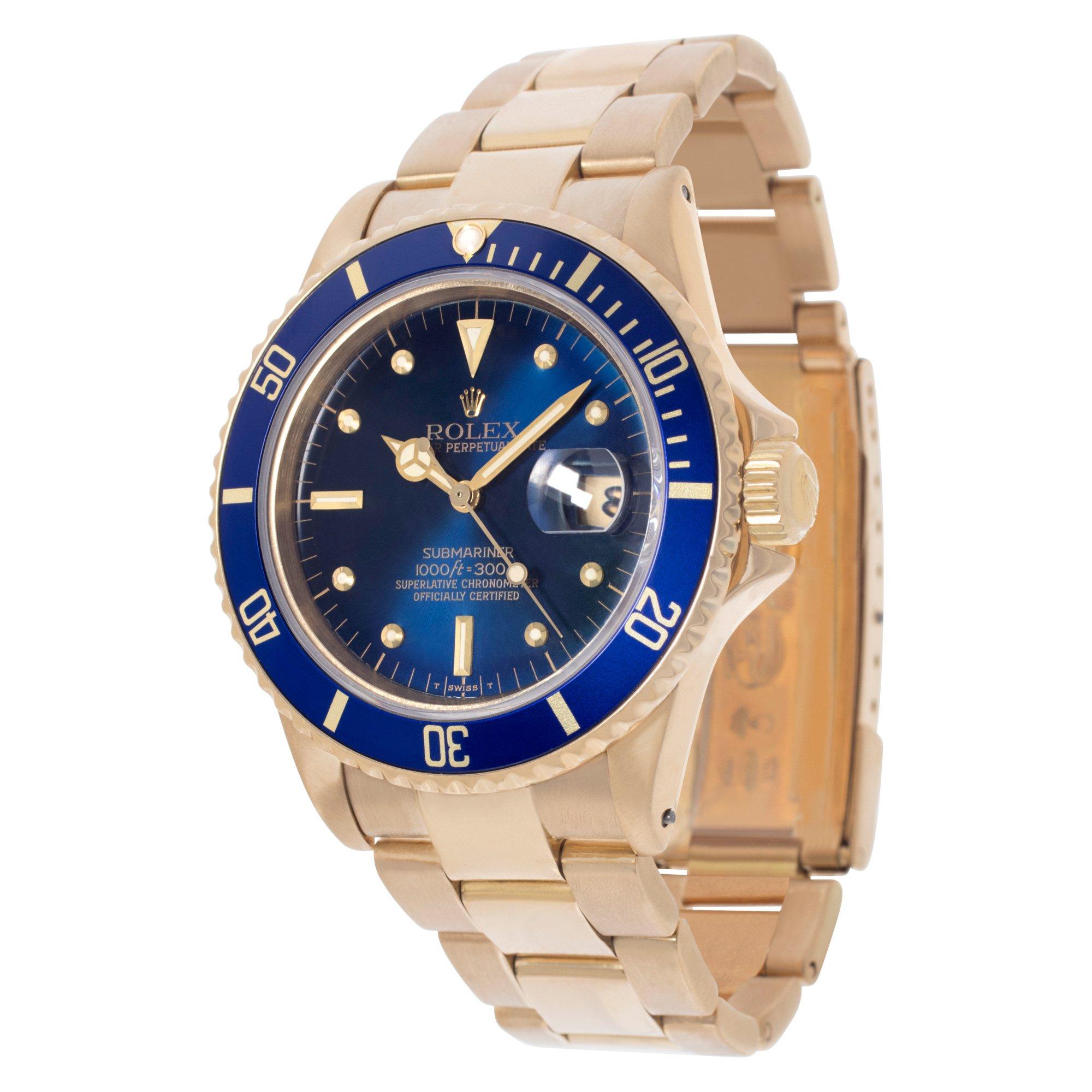 Rolex Submariner in 18k yellow gold. Auto w/ sweep seconds and date. 40 mm case size. Ref 16808. **Bank Wire Only At This Price** Circa 1982. Fine Pre-owned Rolex Watch. Certified preowned Dress Rolex Submariner 16808 watch is made out of yellow
