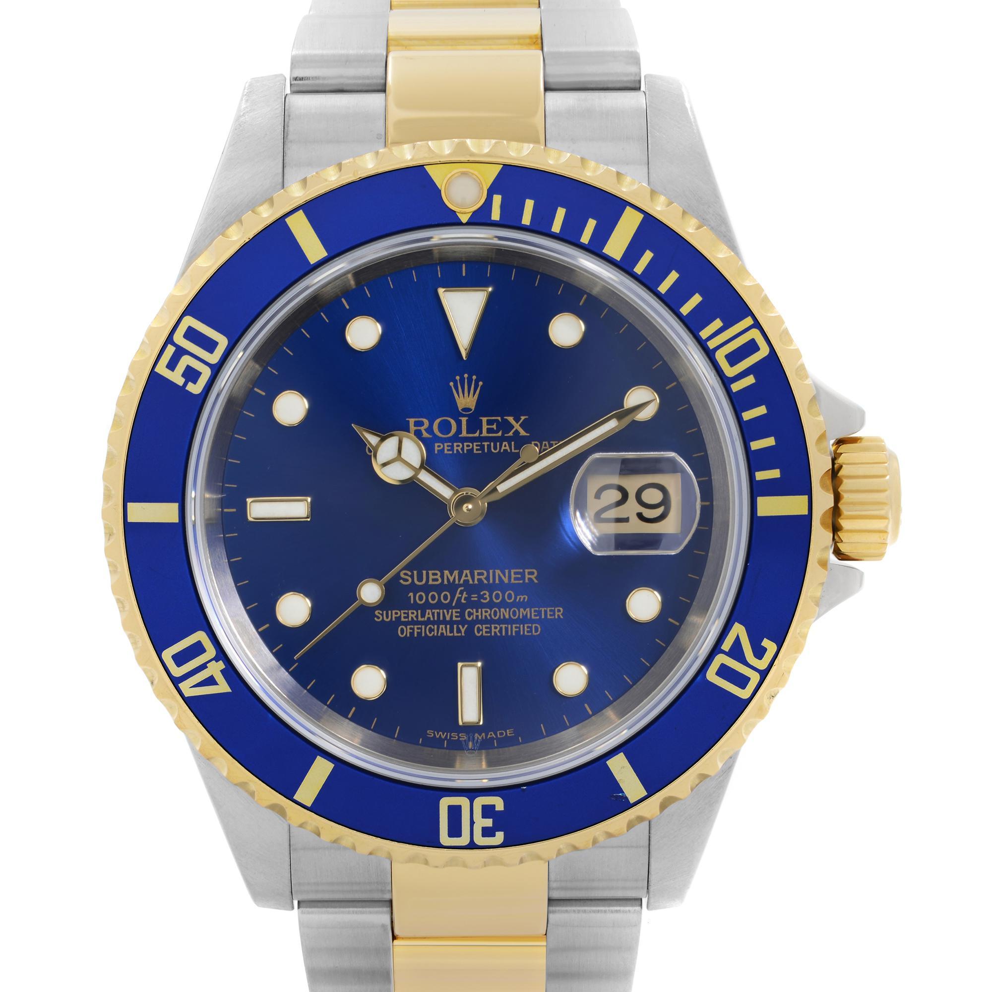 Pre-owned Rolex Submariner 40mm No Holes Case 18k Yellow Gold Steel Blur Dial Automatic Men's Watch 16613 T. Visible Nicks on Bezel Insert. This Beautiful Timepiece Was Produced in 2005 or 2006 and is Powered by Mechanical (Automatic) Movement And