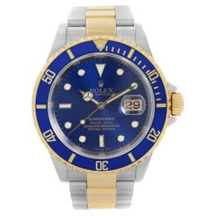 Rolex Submariner 18k Gold Steel Blue Dial Automatic Men Watch 16613 T