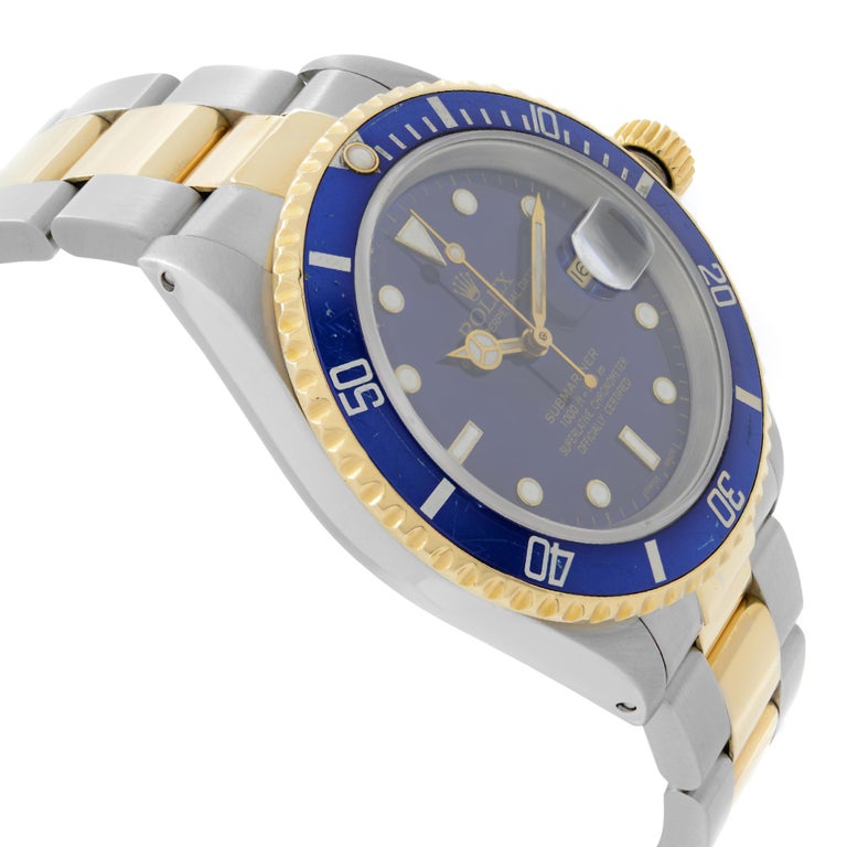 Men's Rolex Submariner 18k Gold Steel Blue Dial Automatic Mens Watch 16613 For Sale