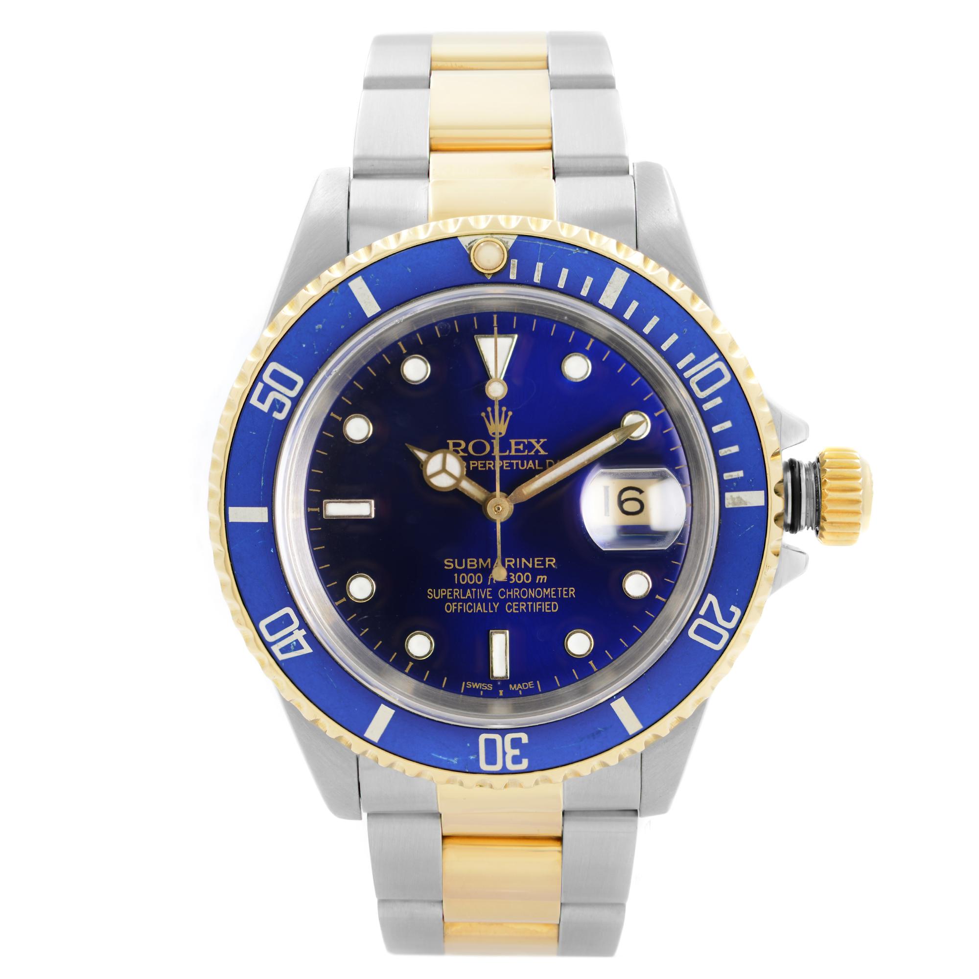 Rolex Submariner 18k Gold Steel Blue Dial Automatic Mens Watch 16613