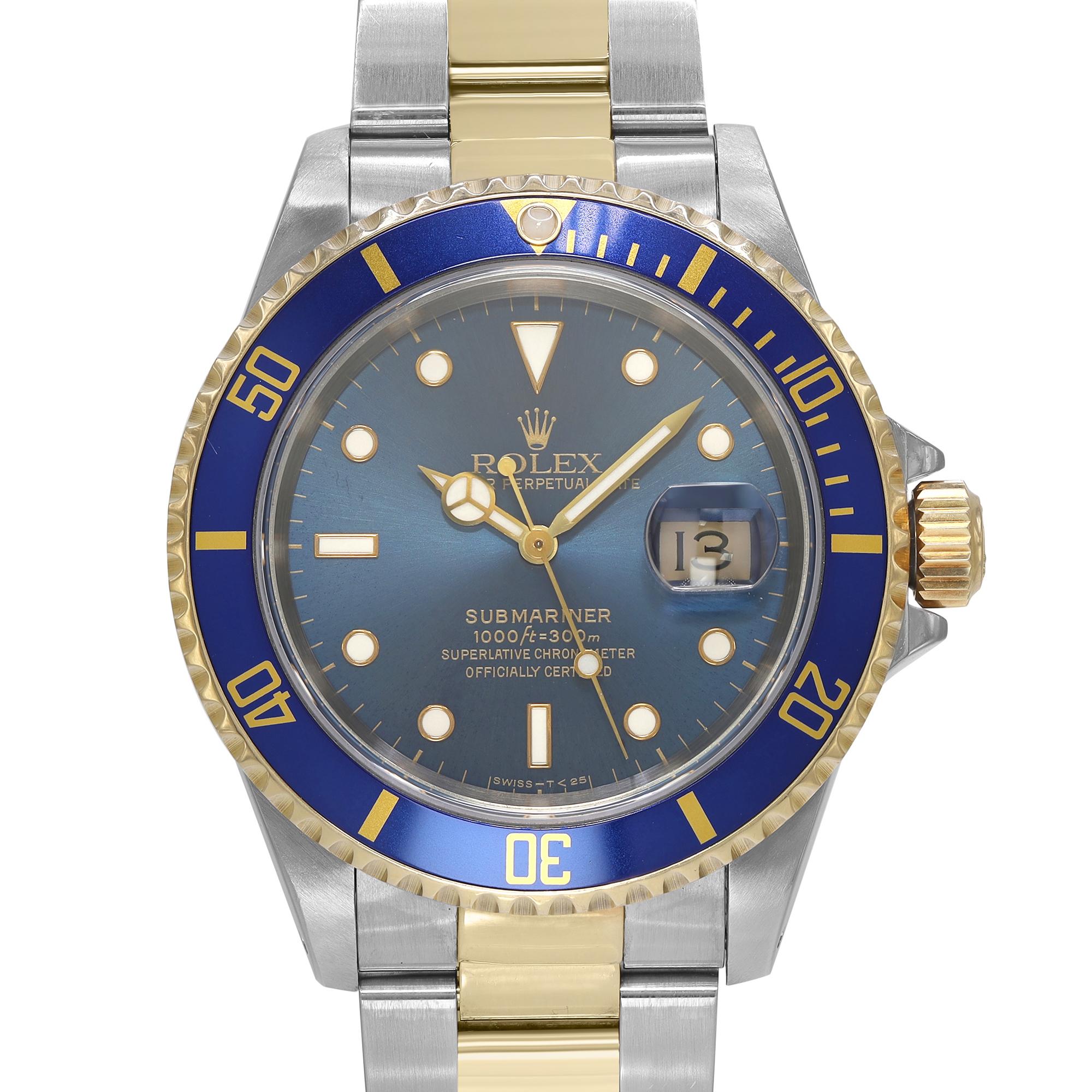 Pre-owned Rolex Submariner 40mm 18k Gold & Stainless Steel Blue Dial Automatic men's Watch 16613. The dial has patina Dots on the bottom side as in the pictures. and Comes with a Rolex Service card and original Papers. This Beautiful Timepiece Was