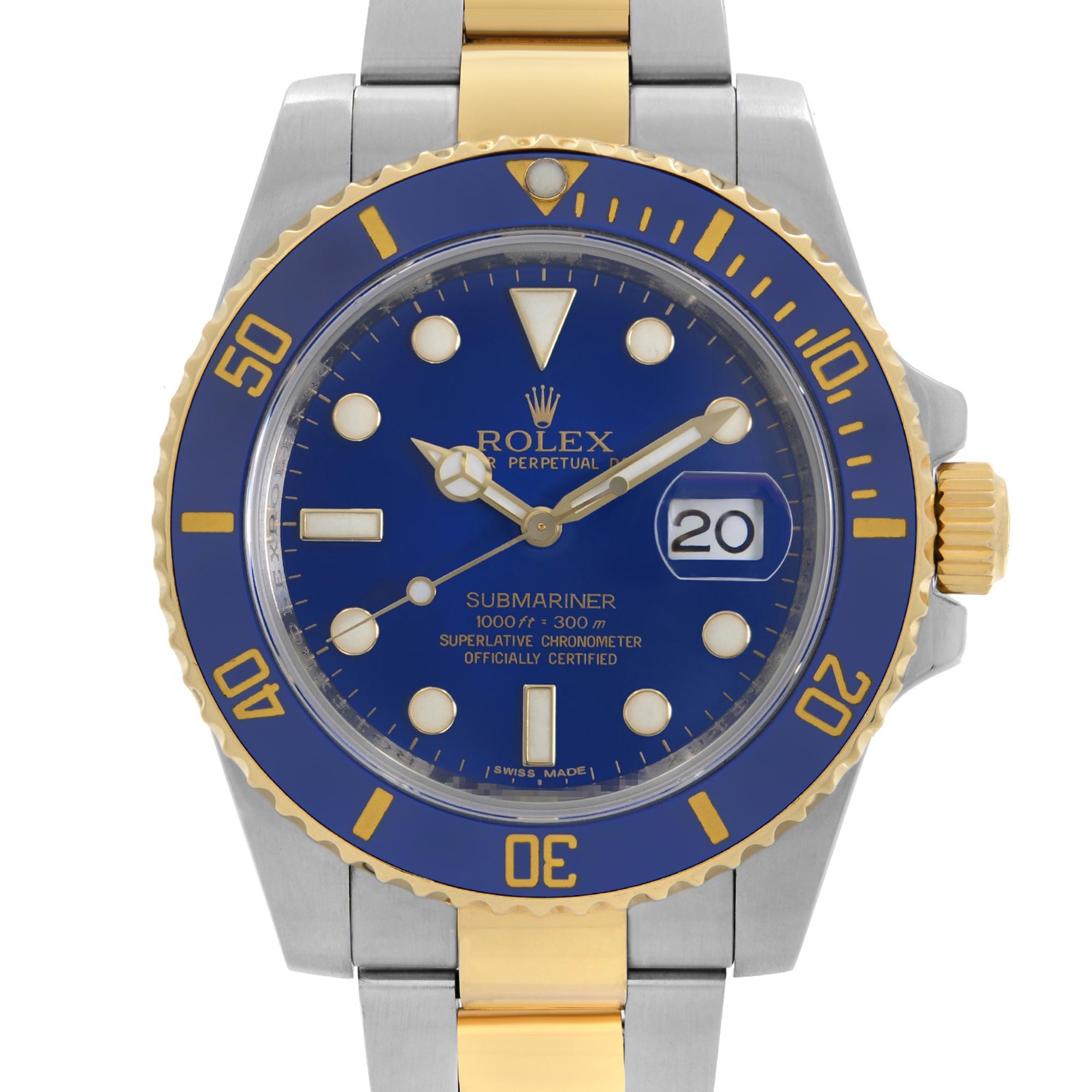 Pre-owned Rolex Submariner 40mm 18K Gold Steel Ceramic Blue Dial Automatic Watch 116613LB. No Original Box and Papers are Included. Comes with Chronostore Presentation Box and Chronostore Authenticity Card. Covered by 1-year Chronostore Warranty.