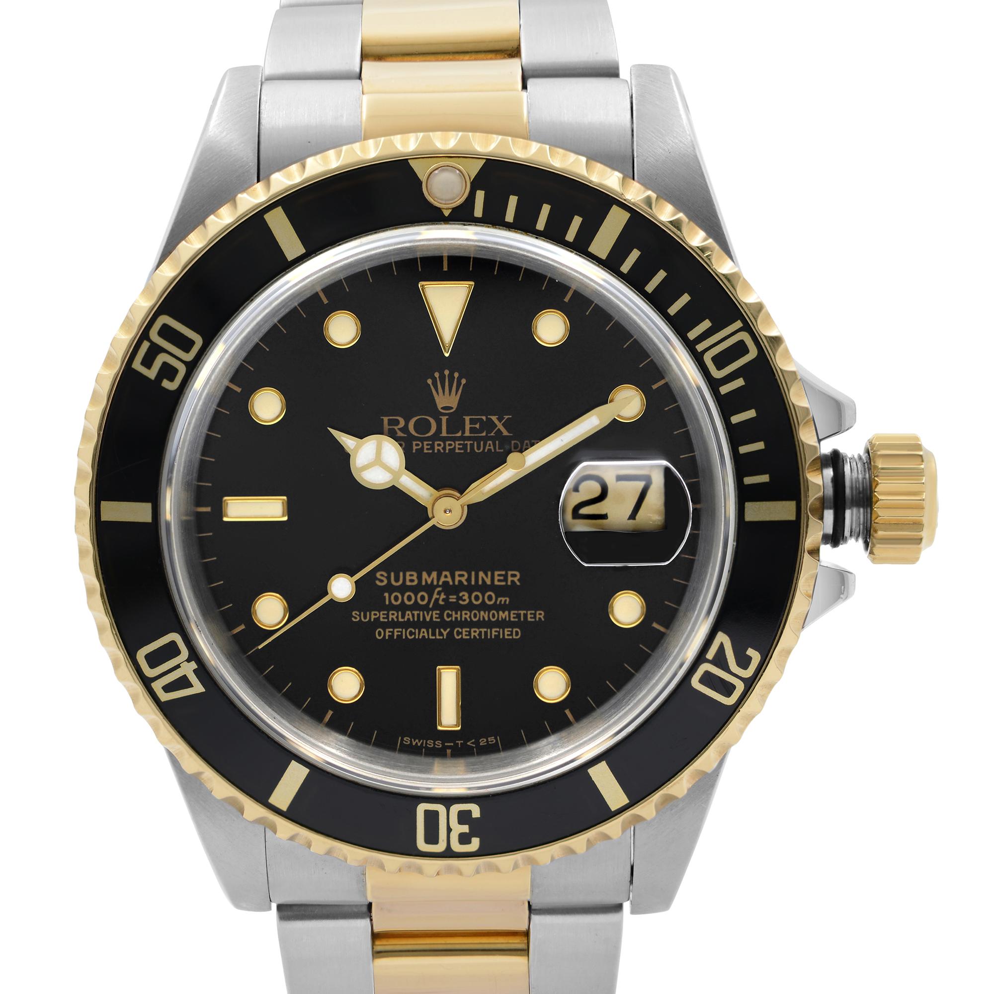 Pre Owned Rolex Submariner 40mm 18K Yellow Gold Steel Black Dial Automatic Men's Watch 16613. This Beautiful Timepiece was Produced in 1989 and is Powered by Mechanical (Automatic) Movement And Features: Round Stainless Steel Case with a Stainless