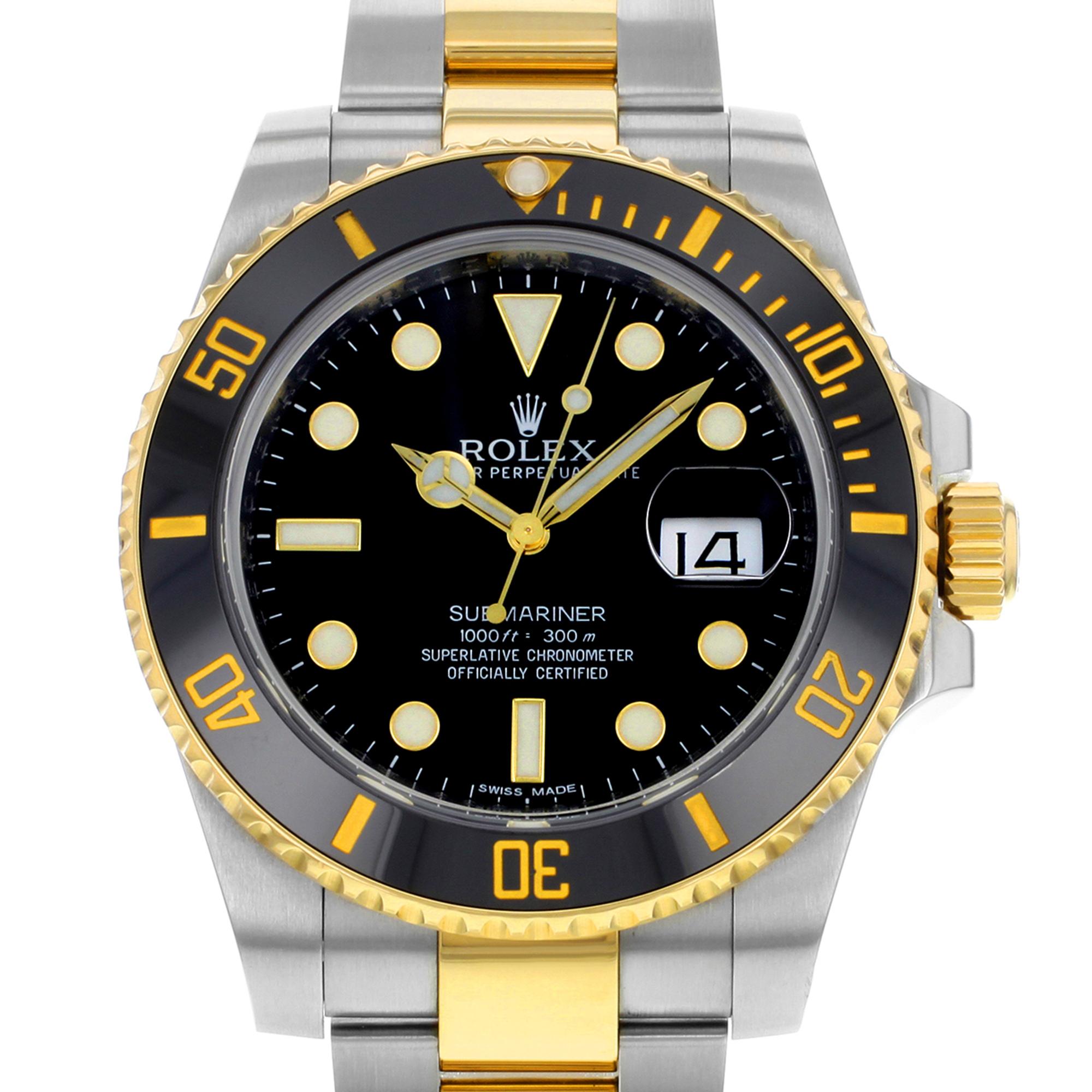 Pre Owned Rolex Submariner 40mm Steel 18K Yellow Gold Black Dial Automatic Mens Watch 116613LN. This Beautiful Timepiece Come with a 2017 Card & is Powered by Mechanical (Automatic) Movement And Features: Round Stainless Steel Case with a Stainless