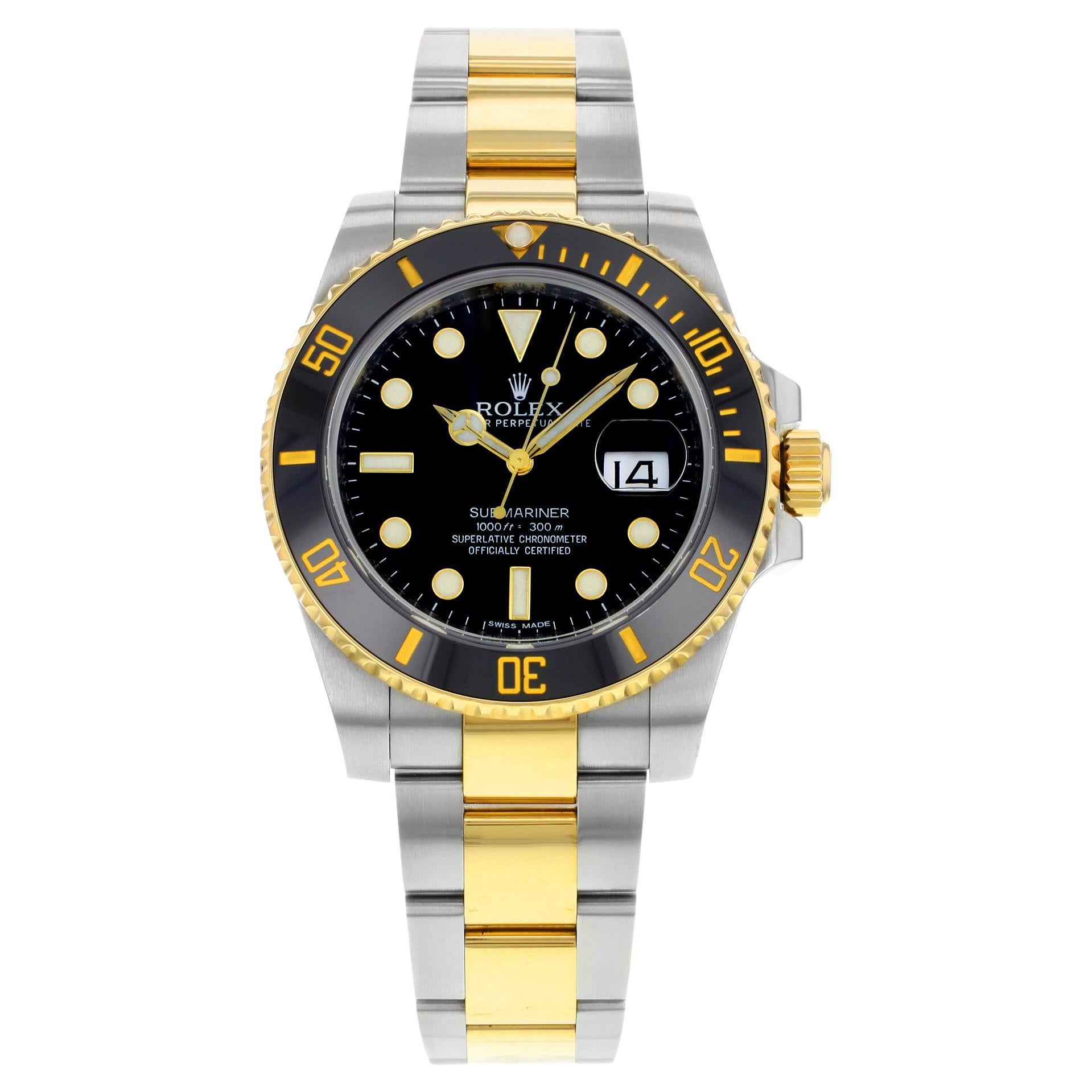 Rolex Submariner 18K Yellow Gold Steel Black Dial Mens Watch 116613LN