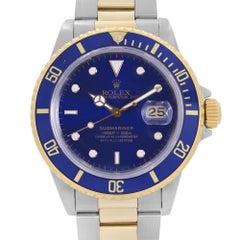 Rolex Submariner 18k Yellow Gold Steel Blue Dial Automatic Mens Watch 16803