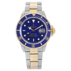 Retro Rolex Submariner 18k Yellow Gold Steel Blue Dial Automatic Mens Watch 16803