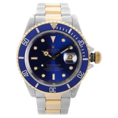 Retro Rolex Submariner 18K Yellow Gold Steel Blue Dial Mens Automatic Watch 16613