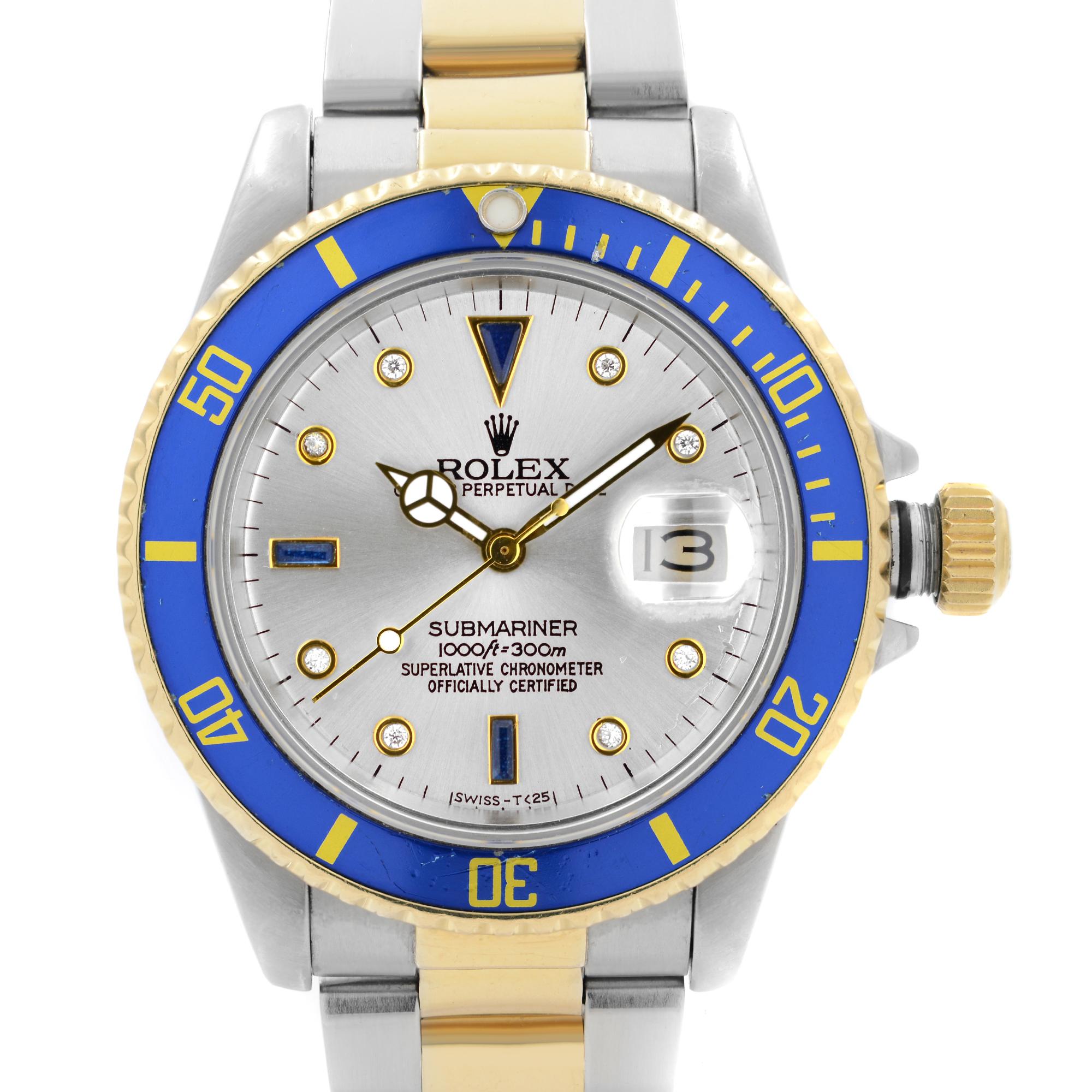 Pre Owned Rolex Submariner 40mm 18k Yellow Gold Steel Serti Dial Automatic Watch 16803. This Beautiful Timepiece was Produced in 1987. Powered by Mechanical (Automatic) Movement And Features: Round Stainless Steel Case With a Stainless Steel & 18k
