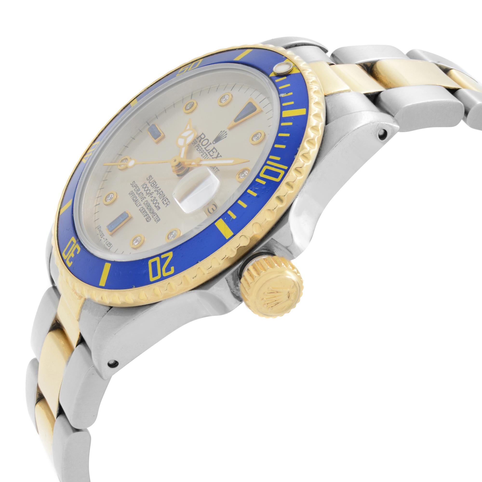 Rolex Submariner 18k Yellow Gold Steel Serti Dial Automatic Men Watch 16803 In Good Condition In New York, NY