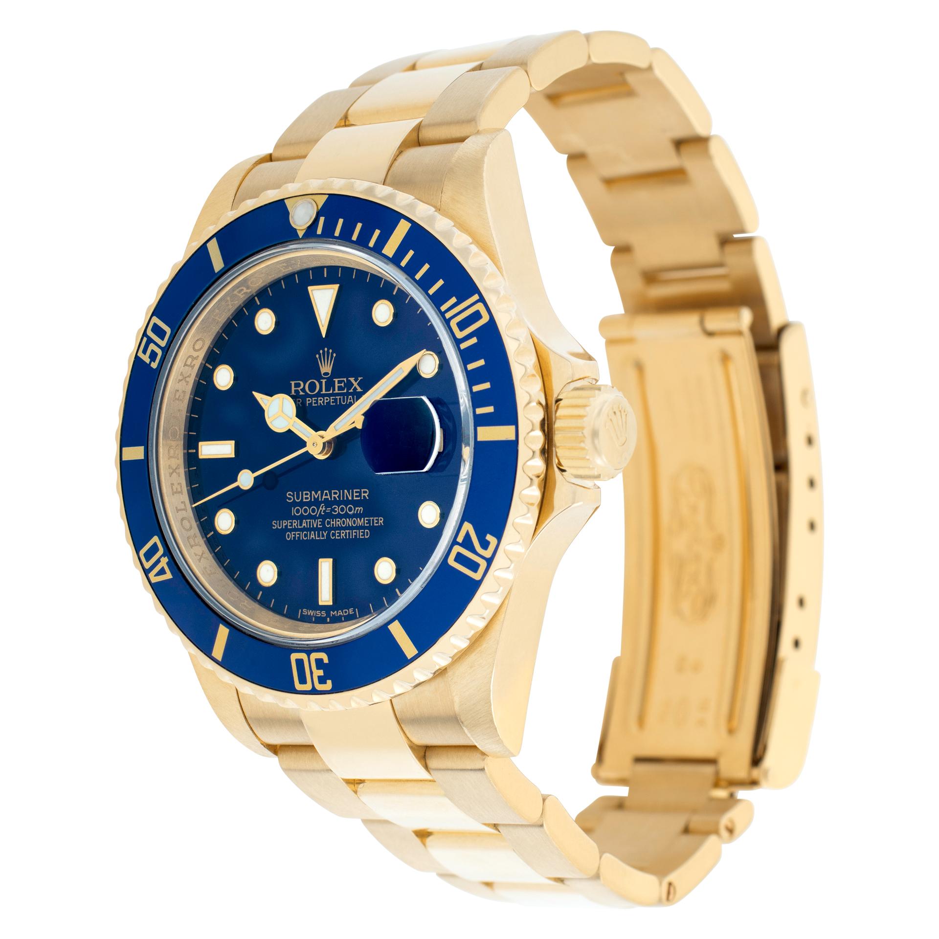 Rolex Submariner in 18k yellow gold. Auto w/ sweep seconds and date. 40 mm case size. With box and papers. **Bank wire only at this price** Ref 16618. Circa 2008. Fine Pre-owned Rolex Watch. Certified preowned Sport Rolex Submariner 16618 watch is
