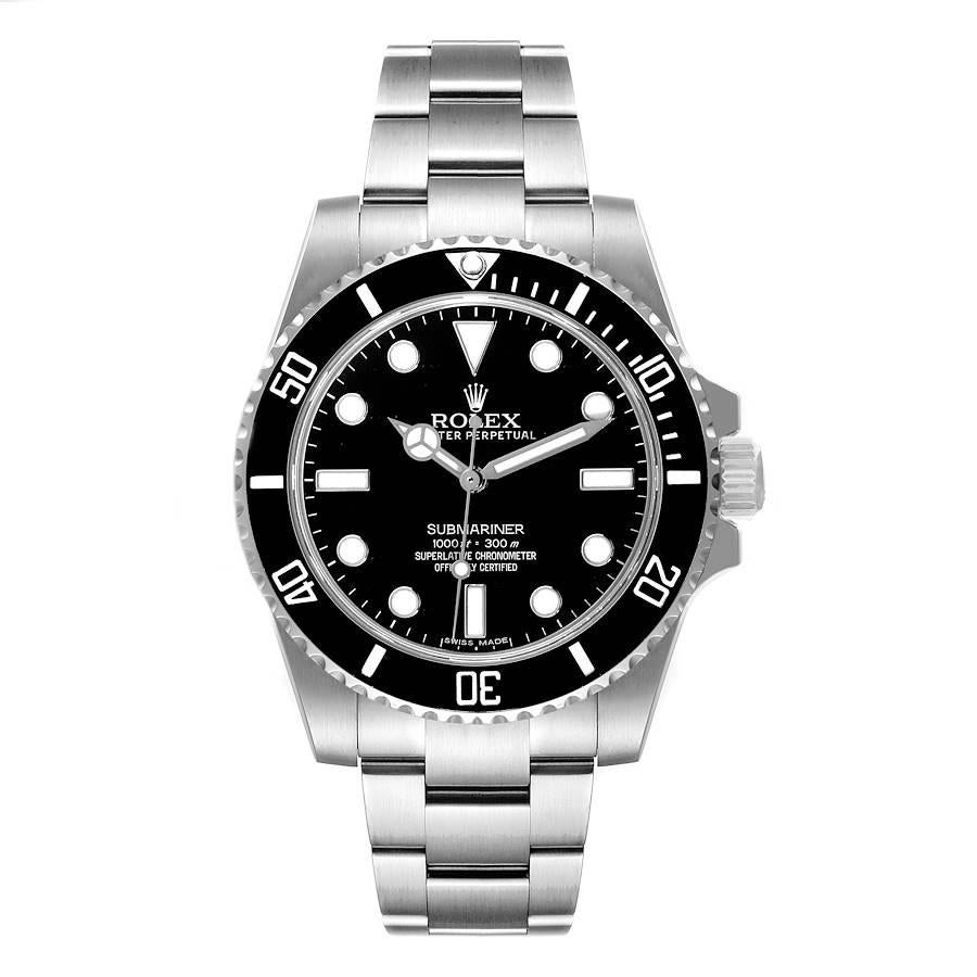 Rolex Submariner 40mm Black Dial Ceramic Bezel Steel Watch 114060 Box Card. Officially certified chronometer self-winding movement. Stainless steel case 40.0 mm in diameter. Rolex logo on a crown. Special time-lapse unidirectional rotating Cerachrom