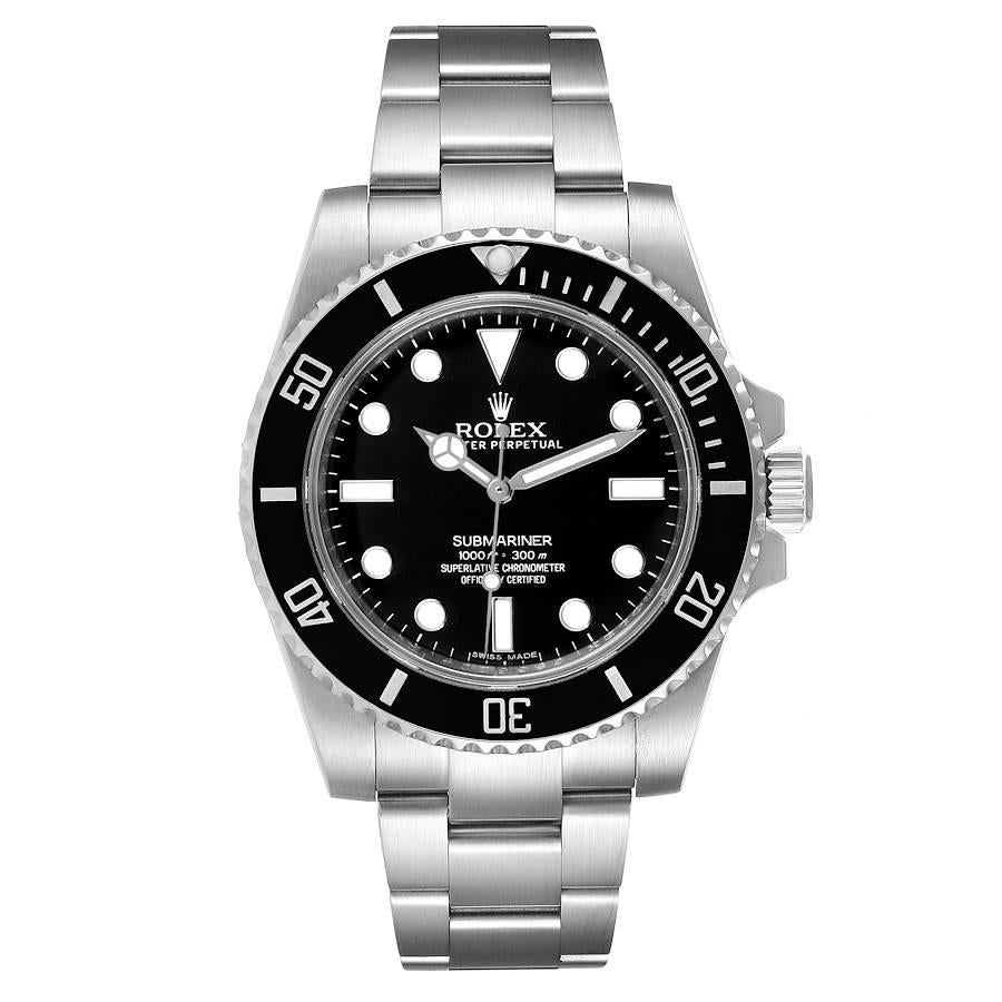 Rolex Submariner 40mm Black Dial Ceramic Bezel Steel Watch 114060 Box Card. Officially certified chronometer self-winding movement. Stainless steel case 40.0 mm in diameter. Rolex logo on a crown. Special time-lapse unidirectional rotating Cerachrom