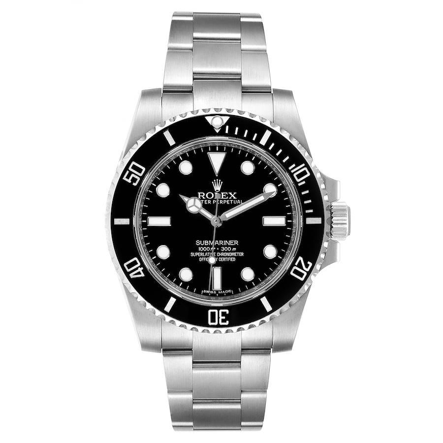 Rolex Submariner 40mm Black Dial Ceramic Bezel Steel Watch 114060. Officially certified chronometer self-winding movement. Stainless steel case 40.0 mm in diameter. Rolex logo on a crown. Special time-lapse unidirectional rotating Cerachrom bezel.