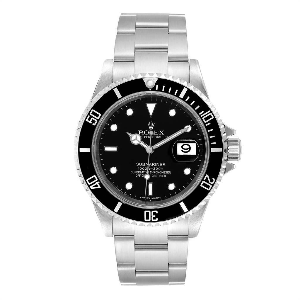 Rolex Submariner 40mm Black Dial Steel Mens Watch 16610 Box. Officially certified chronometer self-winding movement. Stainless steel case 40.0 mm in diameter. Rolex logo on a crown. Special time-lapse unidirectional rotating bezel. Scratch resistant