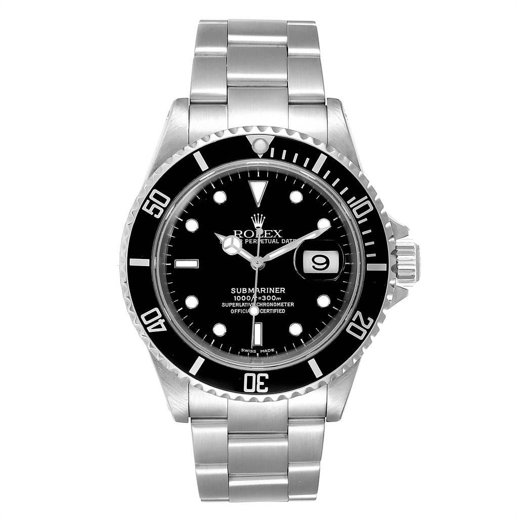 Rolex Submariner 40mm Black Dial Steel Mens Watch 16610 Box. Officially certified chronometer self-winding movement. Stainless steel case 40.0 mm in diameter. Rolex logo on a crown. Special time-lapse unidirectional rotating bezel. Scratch resistant