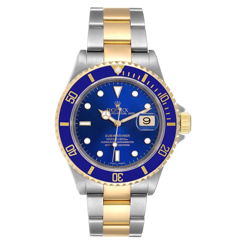 Rolex Submariner 40mm Blue Dial Steel Yellow Gold Mens Watch 16613. Officially certified chronometer self-winding movement. Stainless steel and 18k yellow gold case 40 mm in diameter. Rolex logo on a crown. Blue insert special time-lapse