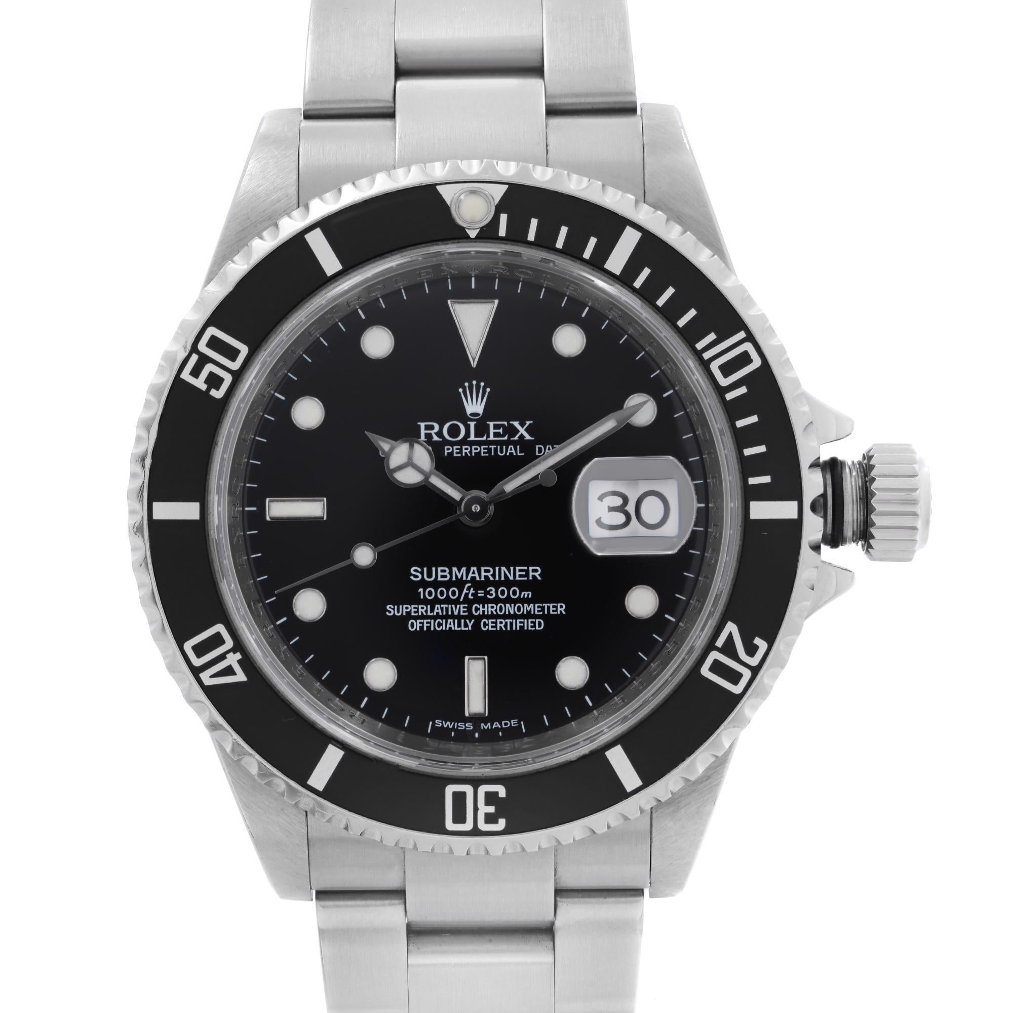 Pre-owned. Original Box and Papers are Included. Covered by a 2-year Chronostore Warranty.

Details:
Brand Rolex
Type Wristwatch
Department Men
Model Number 16610
Country/Region of Manufacture Switzerland
Style Diver, Luxury
Model Rolex Submariner