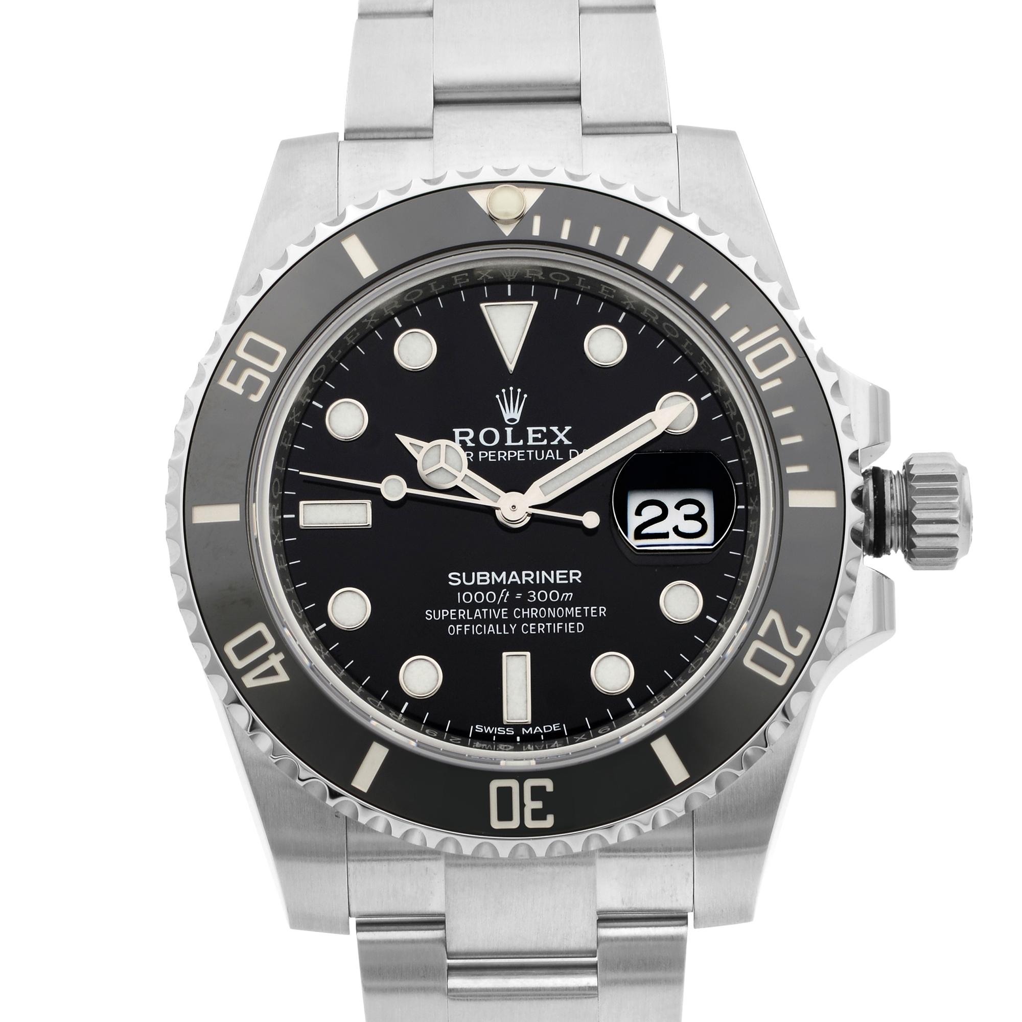 New Old Stock Discontinued Model. Unworn Rolex Oyster Perpetual Submariner Stainless Steel Black Dial Mens Watch. This Beautiful Timepiece Features: Stainless Steel Case with a Stainless Steel Rolex Oyster Bracelet, Uni-Directional Rotating